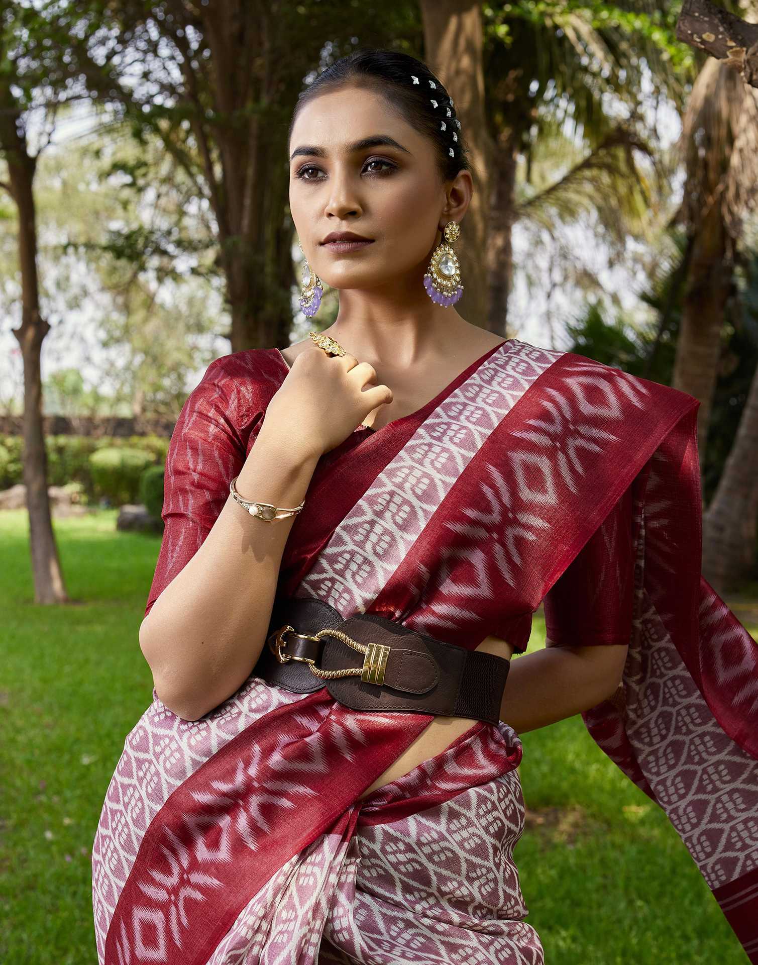 Rose Pink Cotton Blend Ikkat Printed Saree - Image 4