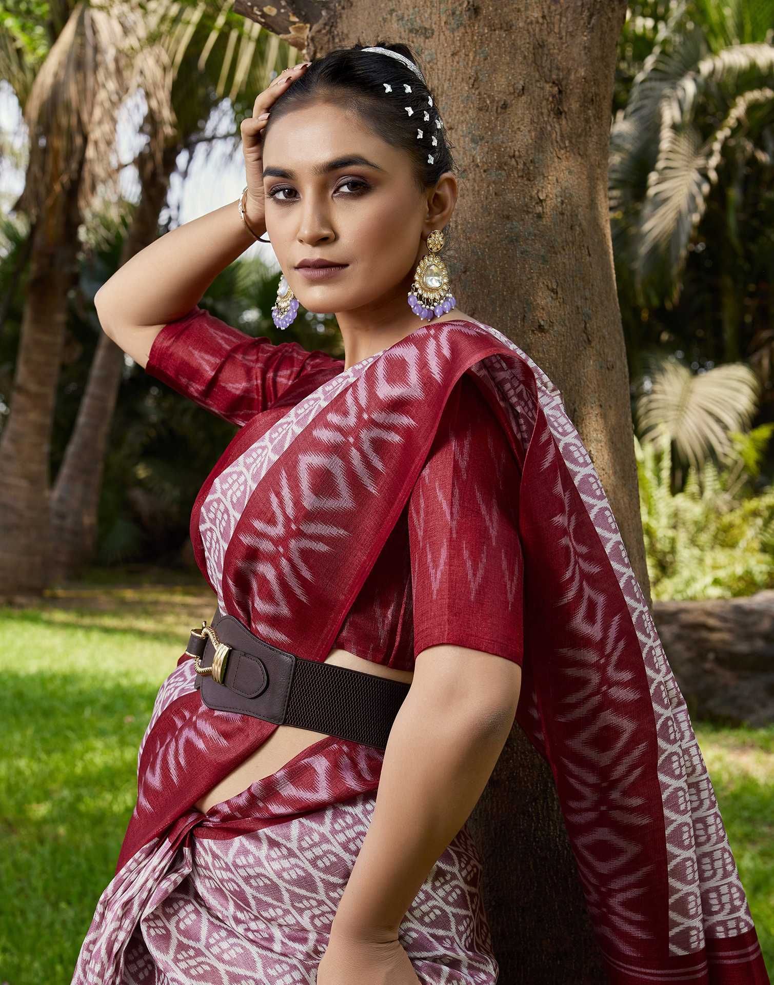Rose Pink Cotton Blend Ikkat Printed Saree - Image 5