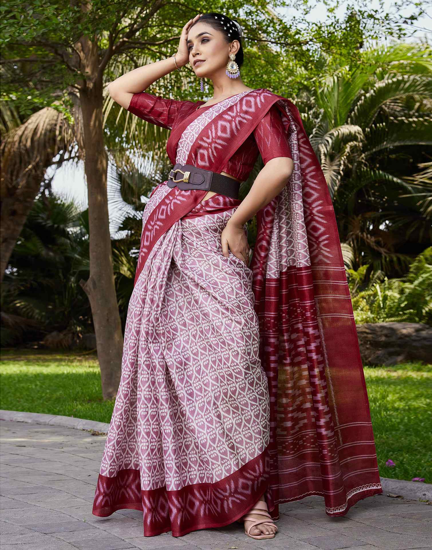 Rose Pink Cotton Blend Ikkat Printed Saree - Image 7