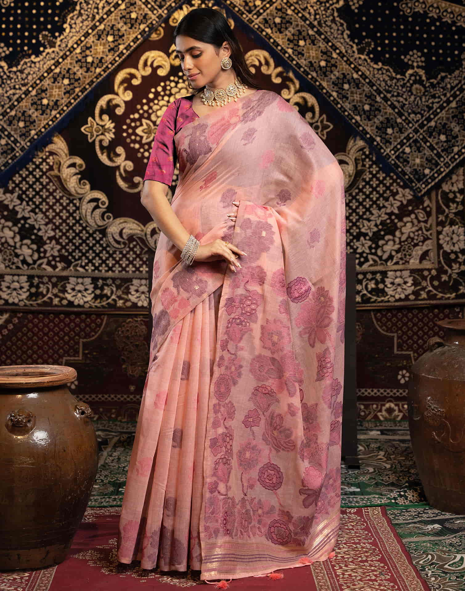 Rose Pink Cotton Weaving Jamdani Saree - Image 5