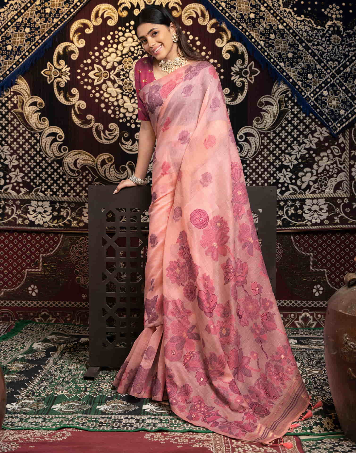 Rose Pink Cotton Weaving Jamdani Saree - Image 6