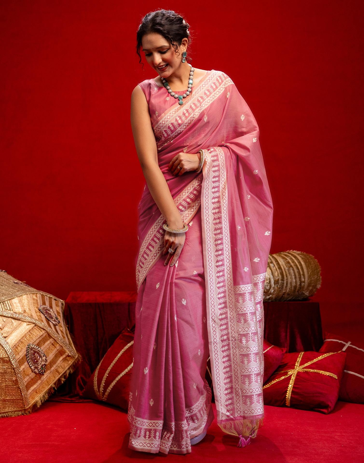 Rose Pink Cotton Woven Printed Saree - Image 6
