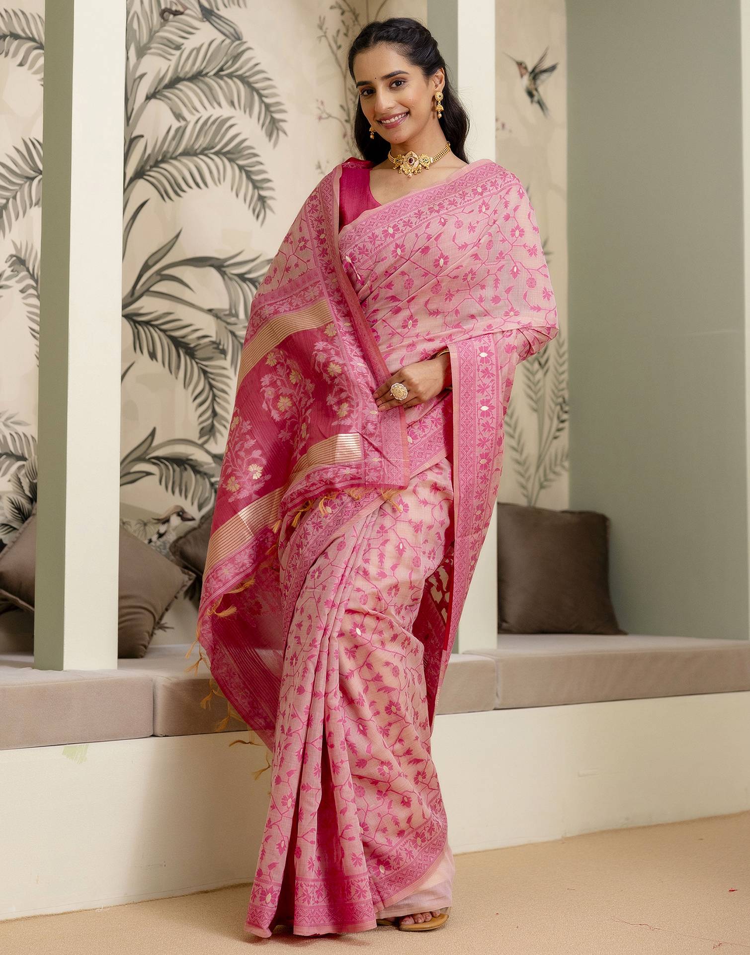 Rose Pink Cotton Woven Saree - Image 10
