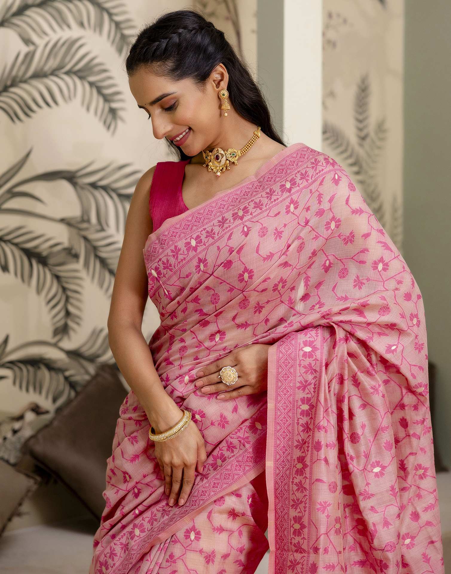 Rose Pink Cotton Woven Saree - Image 11