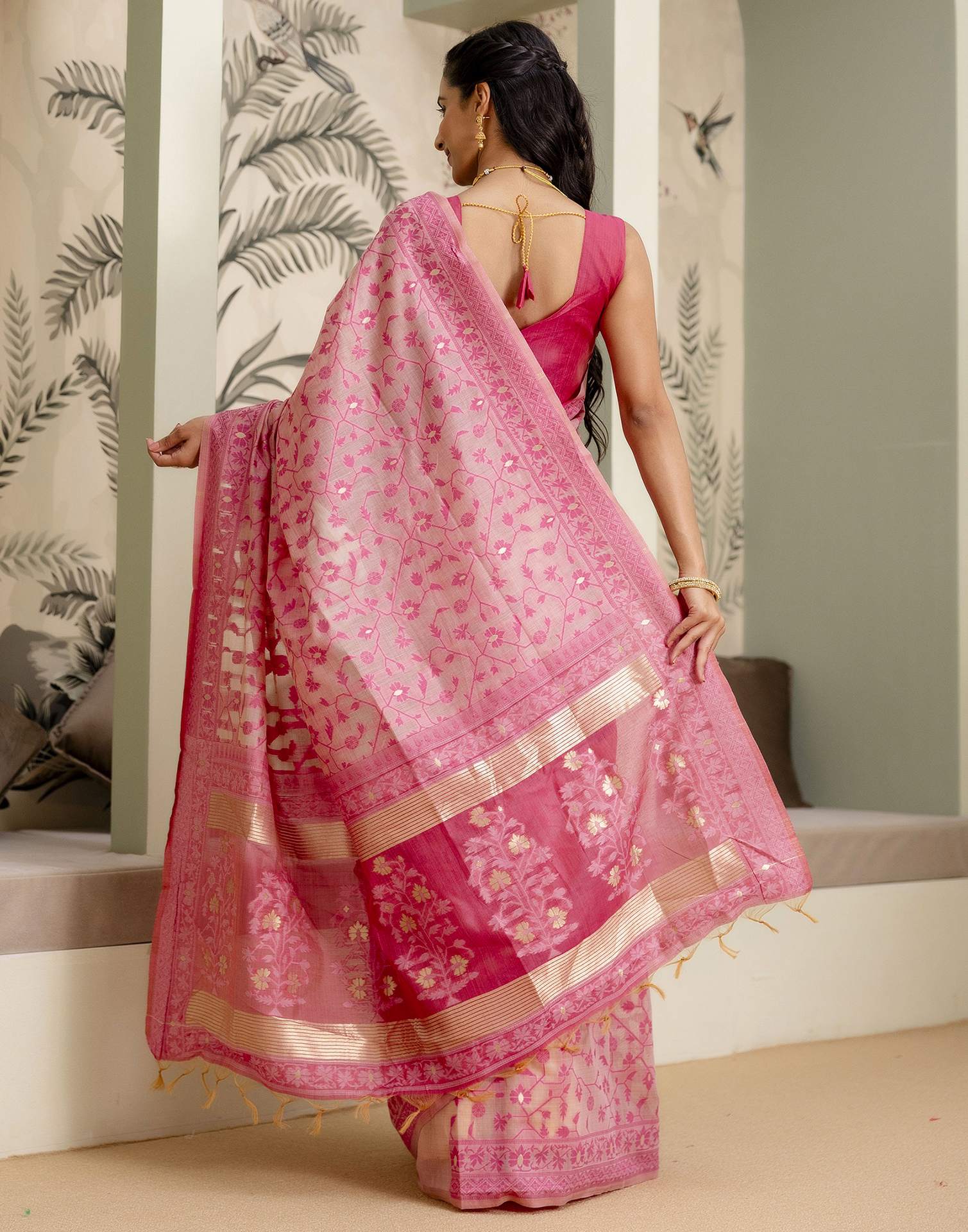 Rose Pink Cotton Woven Saree - Image 12
