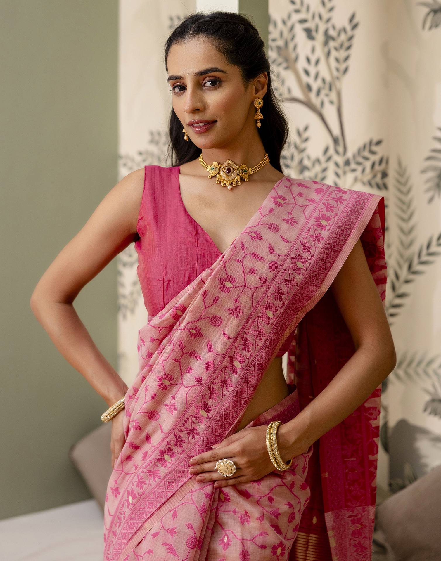 Rose Pink Cotton Woven Saree - Image 4