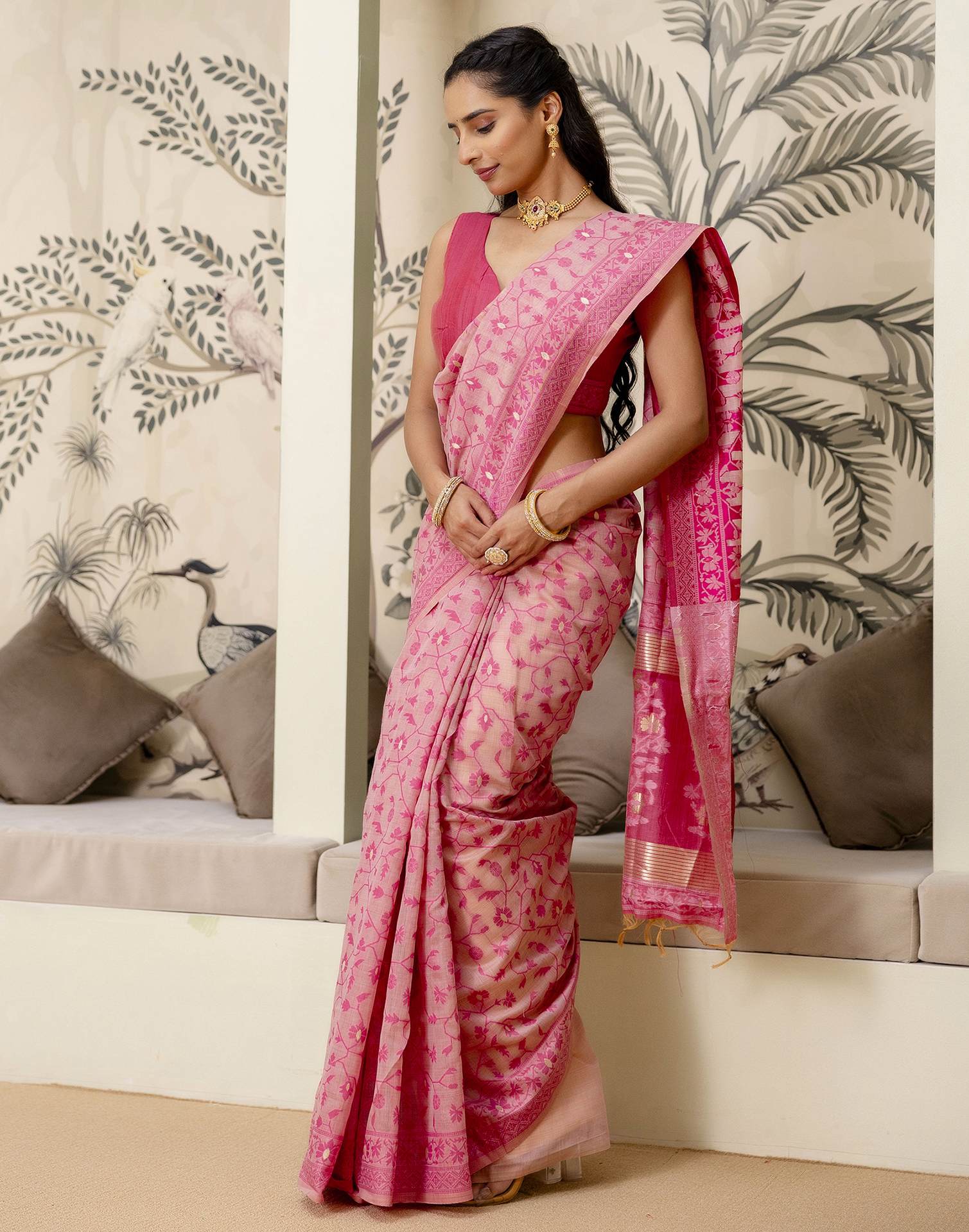Rose Pink Cotton Woven Saree - Image 6