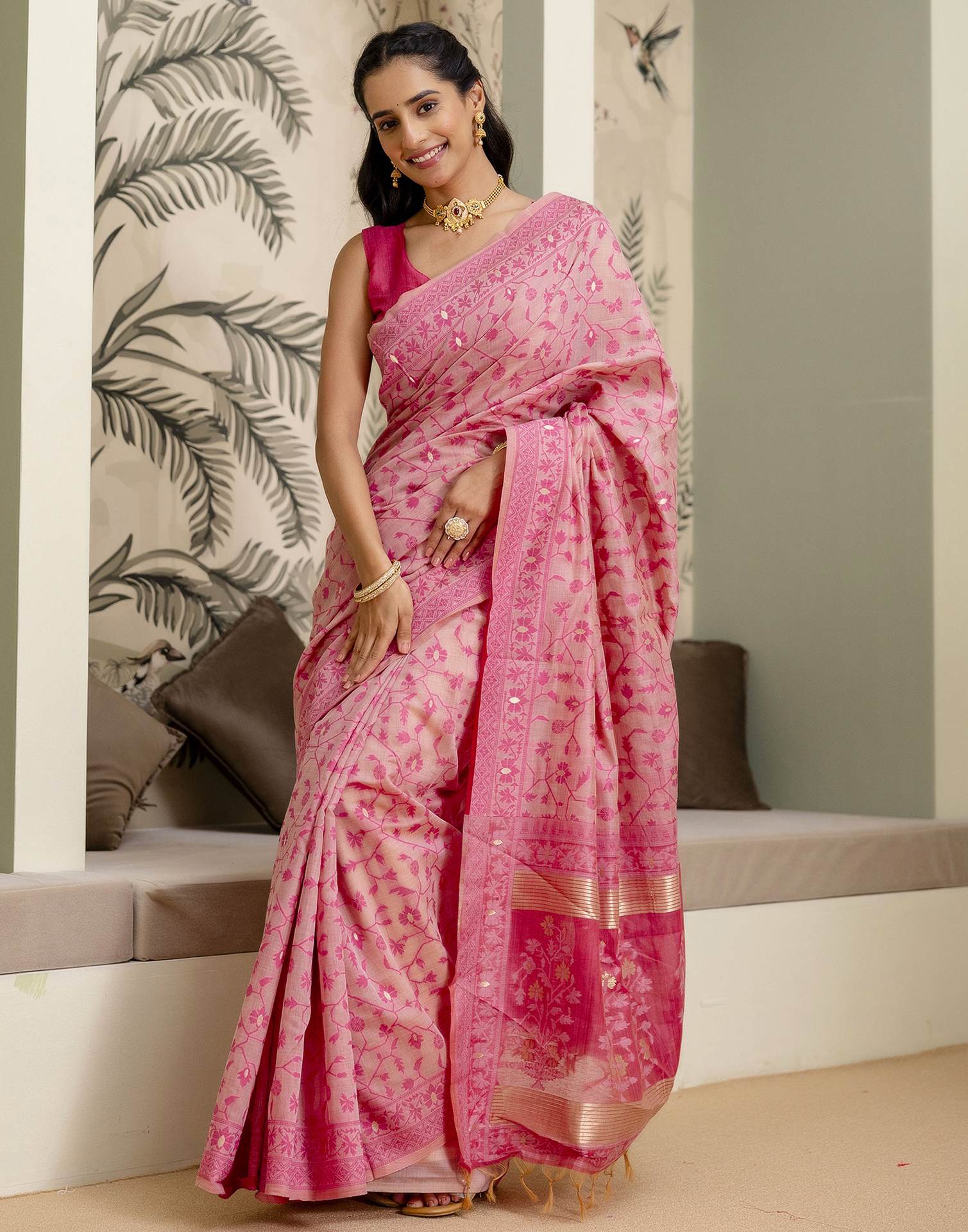 Rose Pink Cotton Woven Saree - Image 8