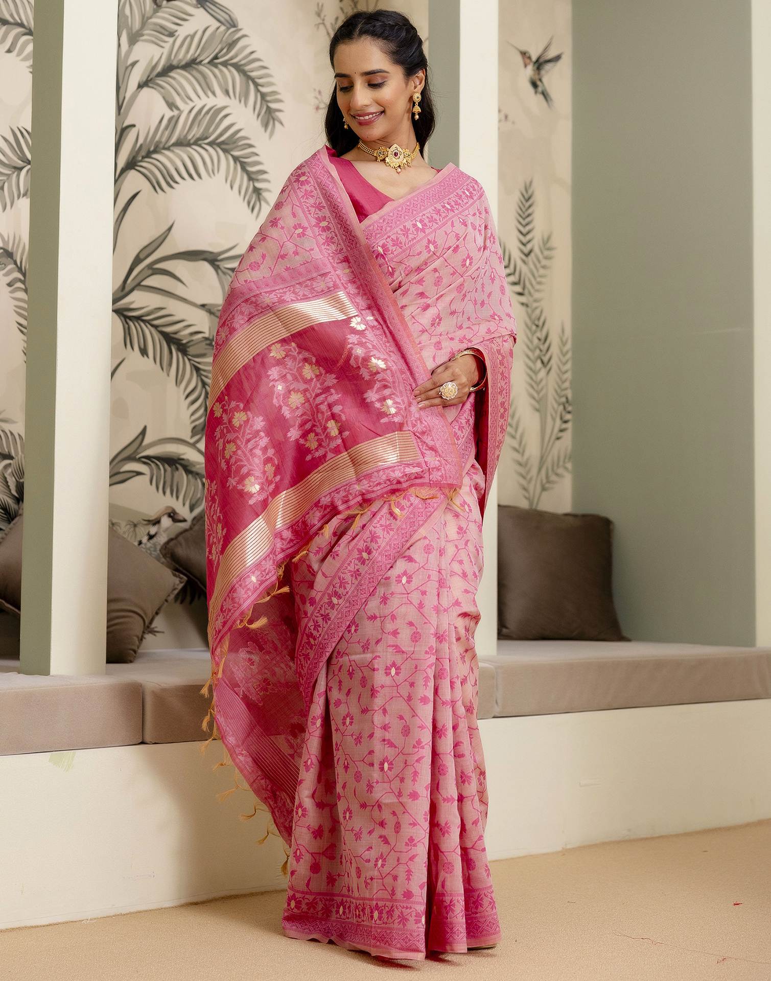 Rose Pink Cotton Woven Saree - Image 9