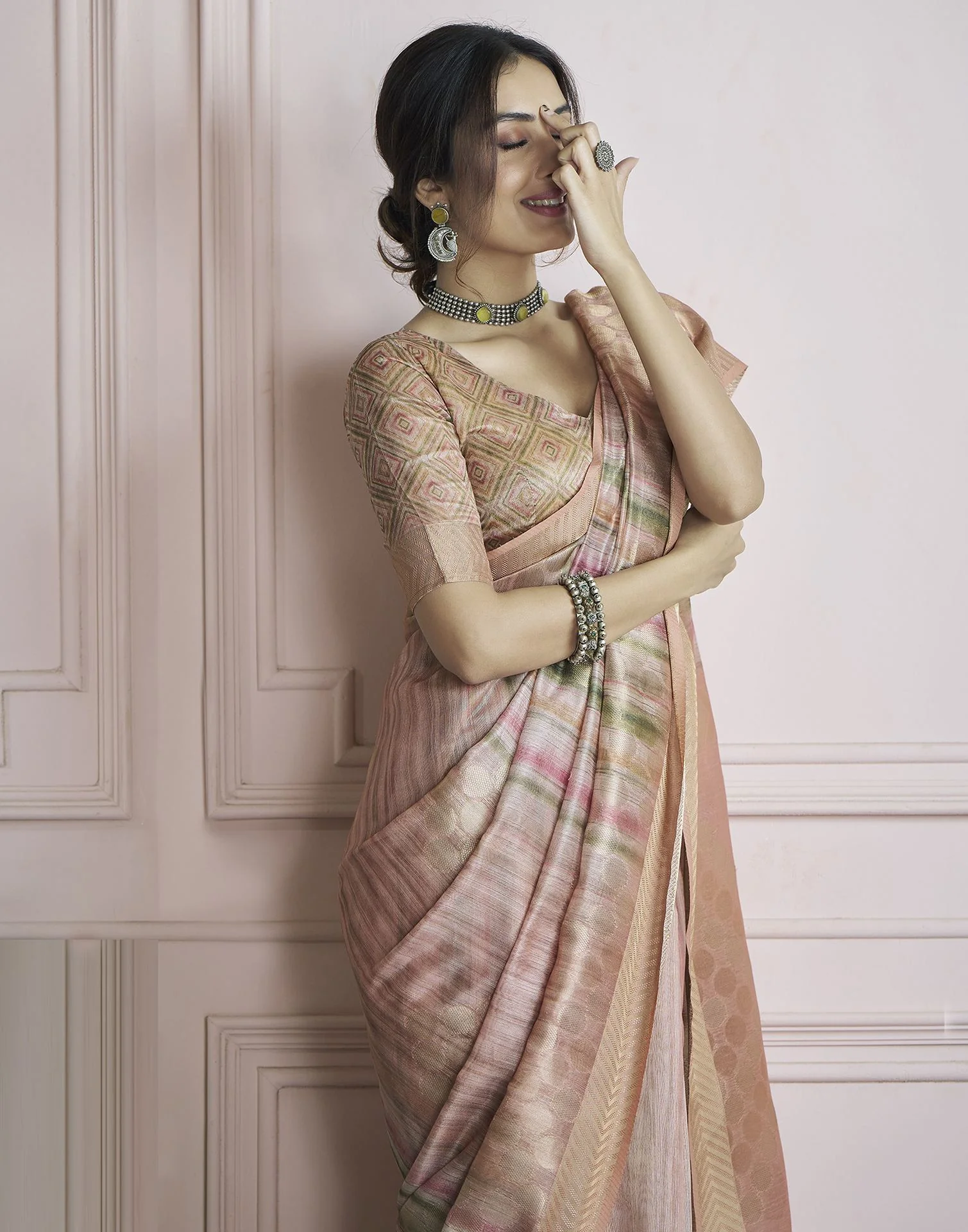Rose Pink Khadi Printed Woven Saree - Image 4