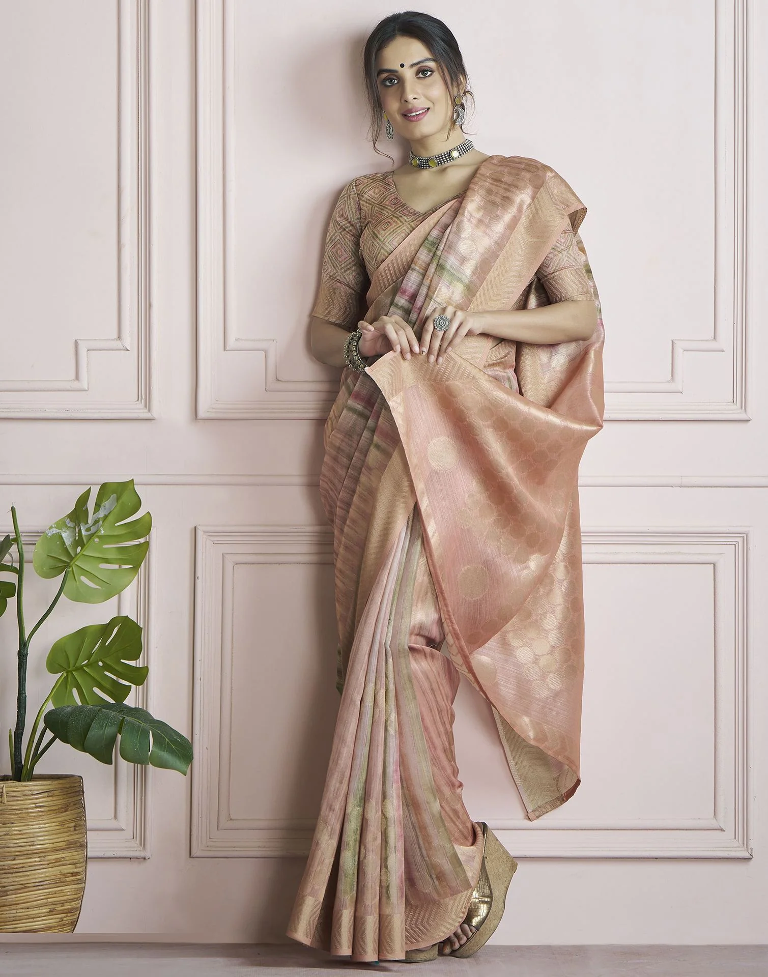 Rose Pink Khadi Printed Woven Saree - Image 5