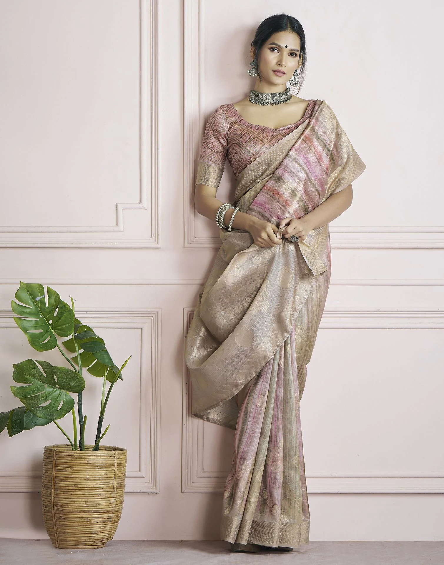 Rose Pink Khadi Printed Woven Saree - Image 5