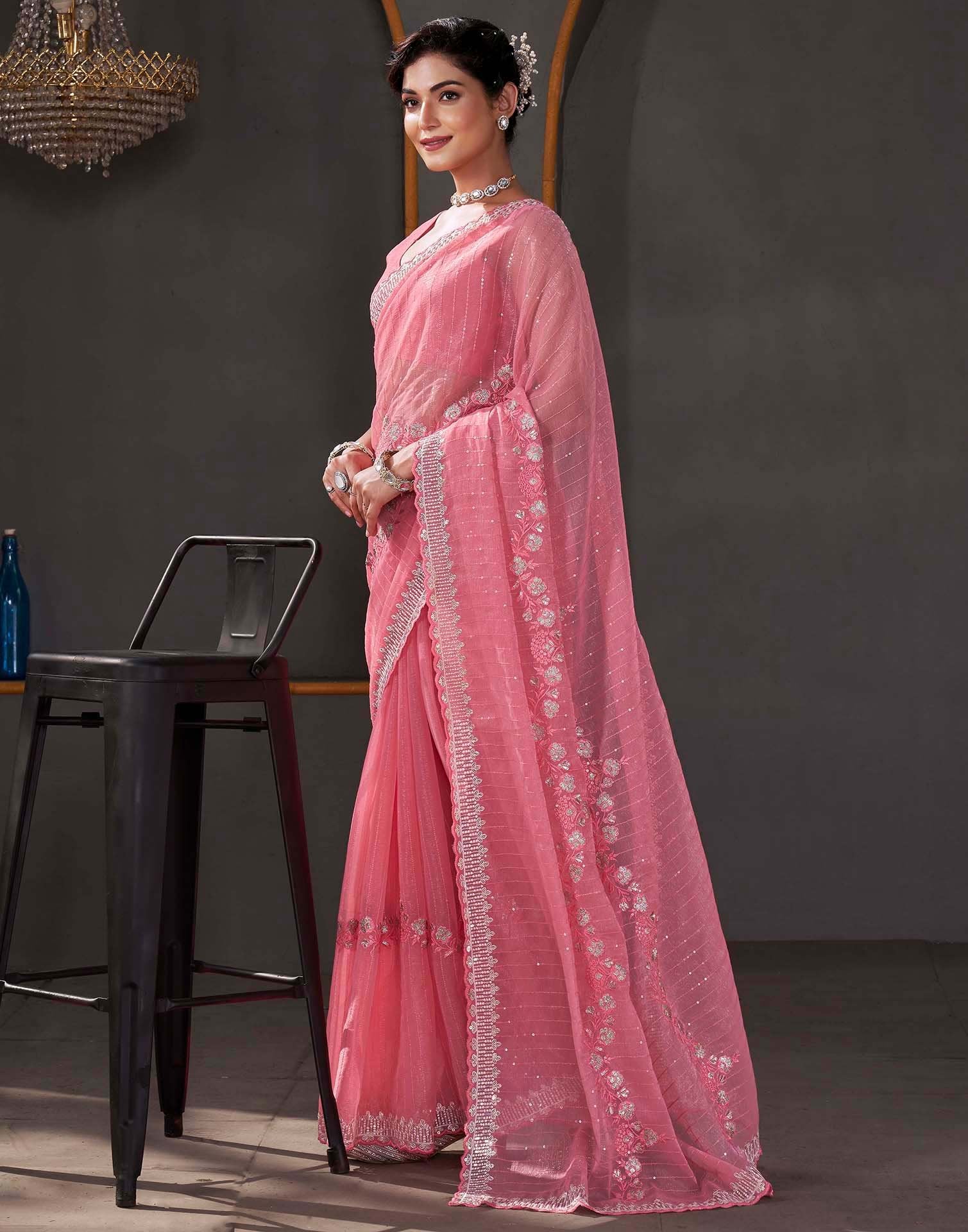 Rose Pink Organza Sequence Embroidery Saree - Image 5