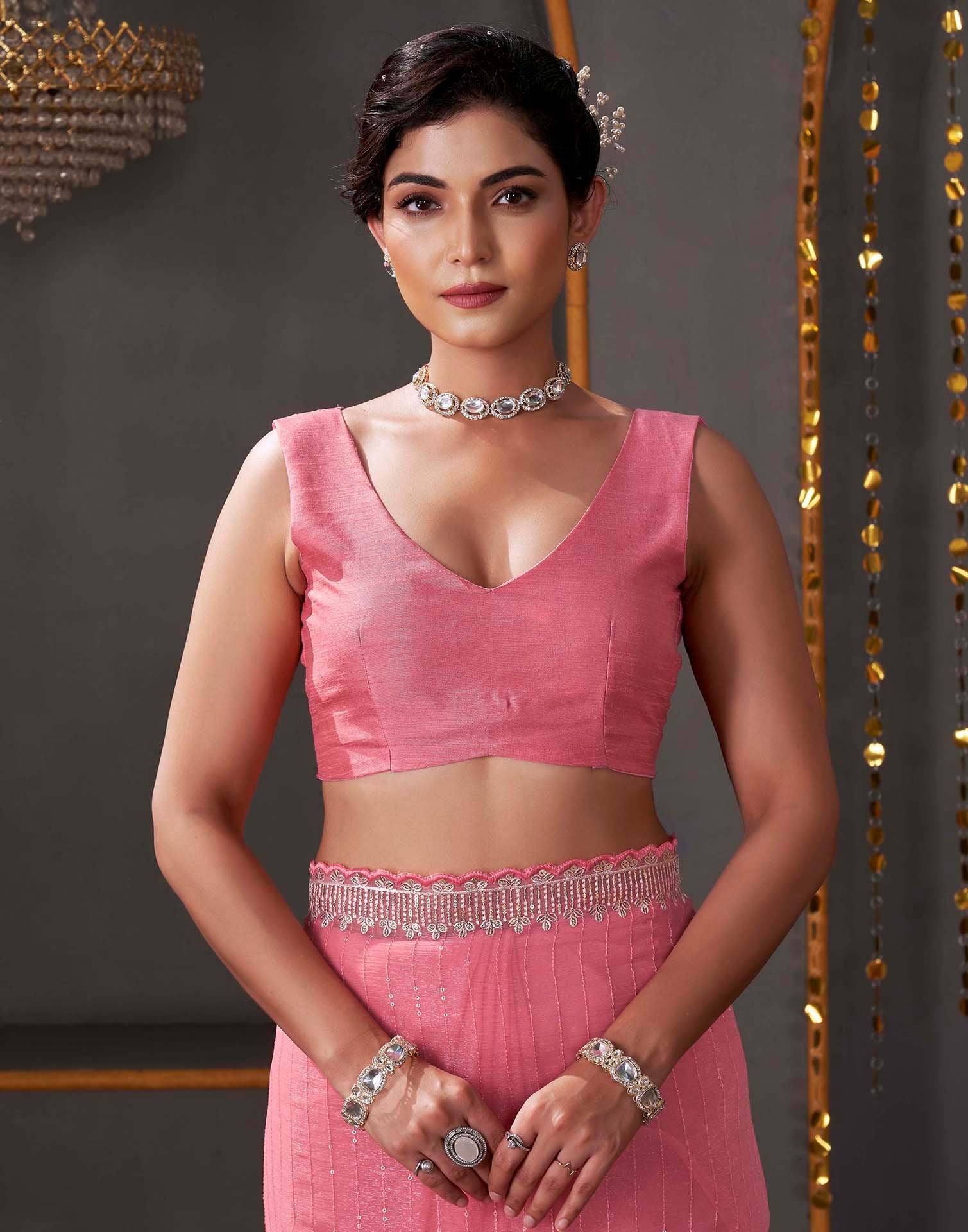Rose Pink Organza Sequence Embroidery Saree - Image 8
