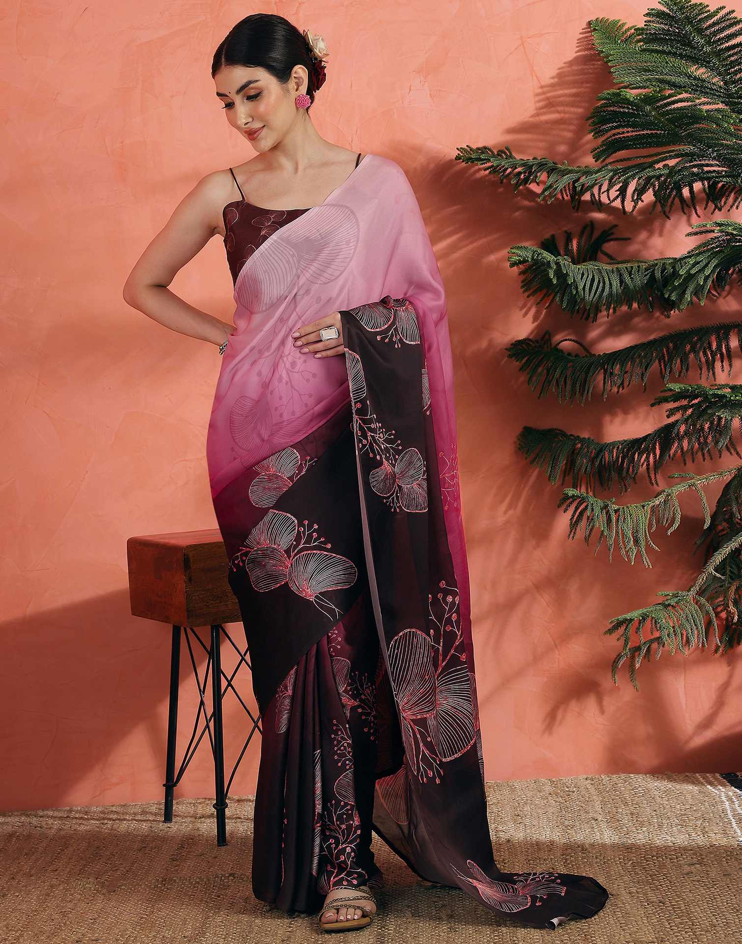 Rose Pink Satin Printed Saree - Image 5