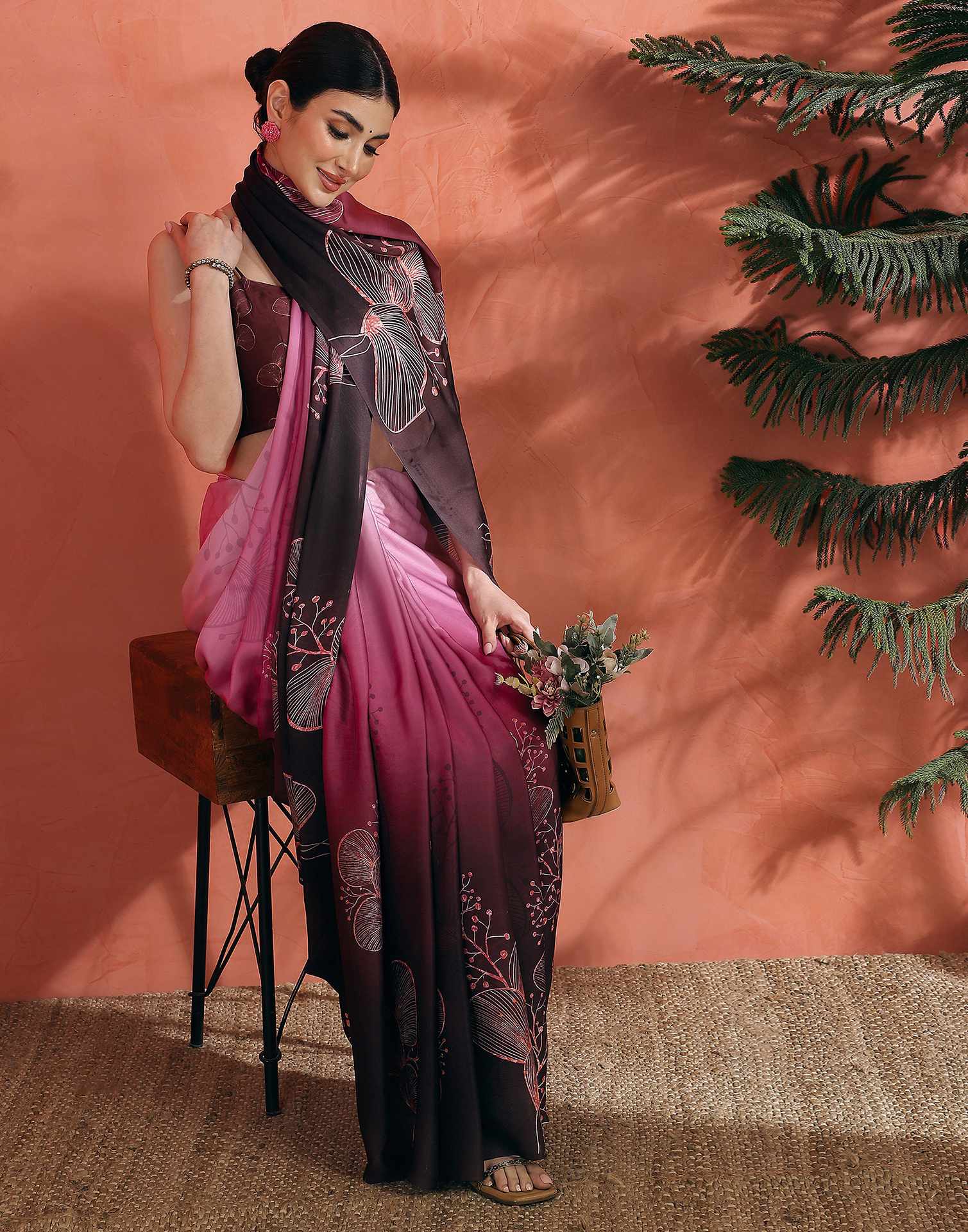 Rose Pink Satin Printed Saree - Image 6