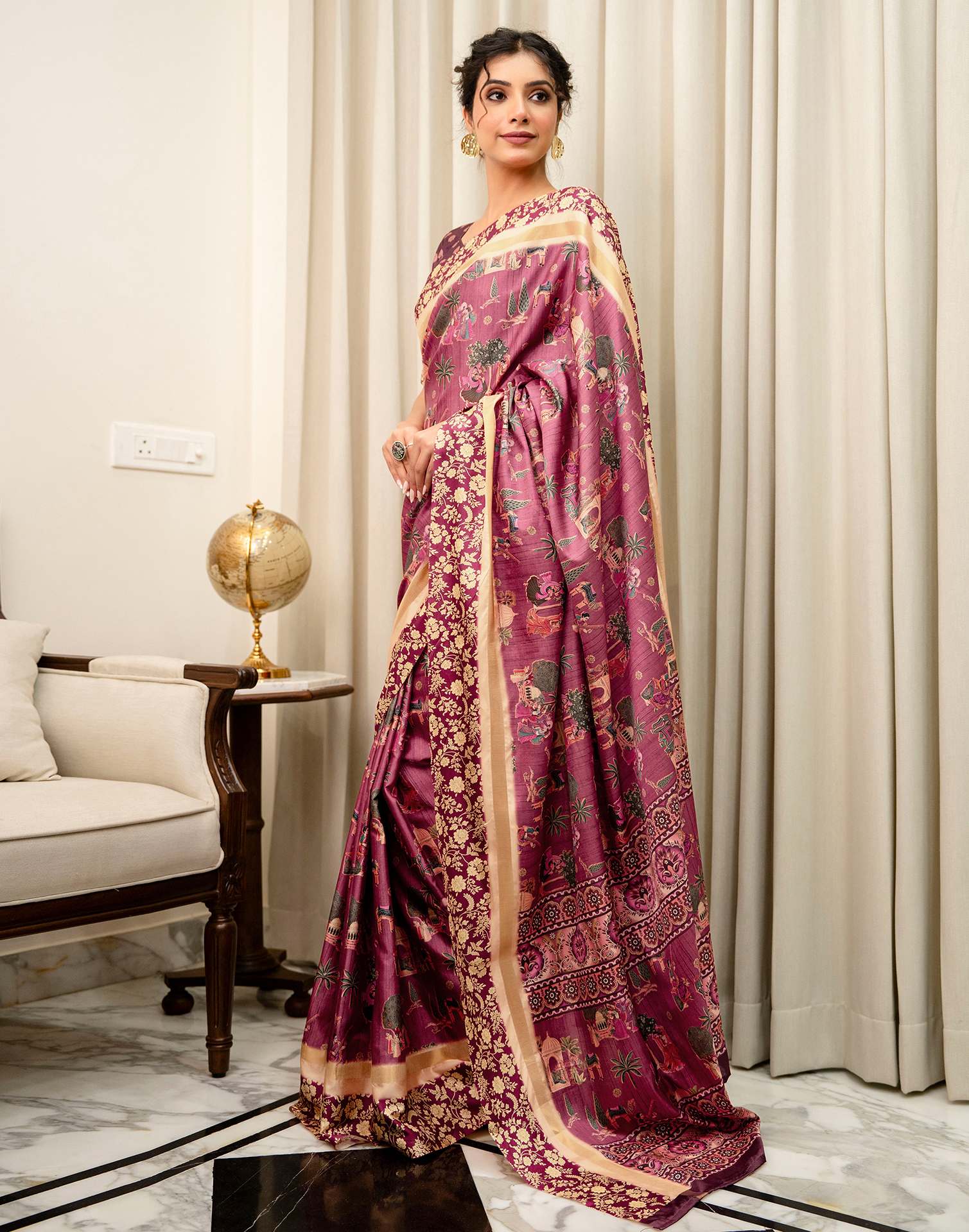 Rose Pink Silk Kalamkari Printed Saree - Image 5