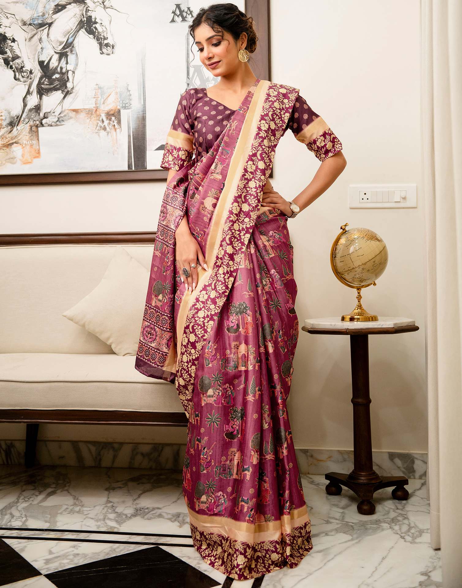 Rose Pink Silk Kalamkari Printed Saree - Image 6