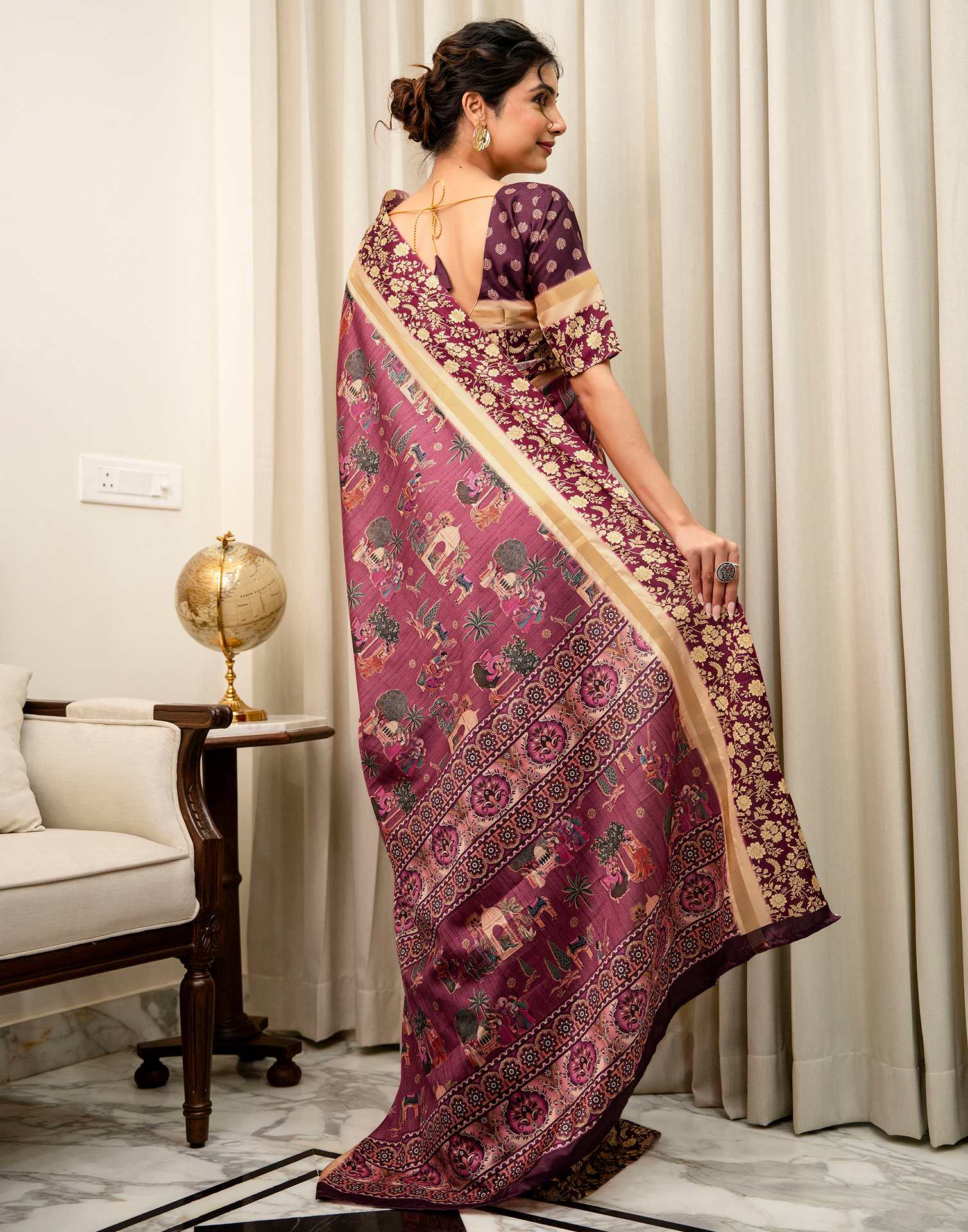 Rose Pink Silk Kalamkari Printed Saree - Image 7