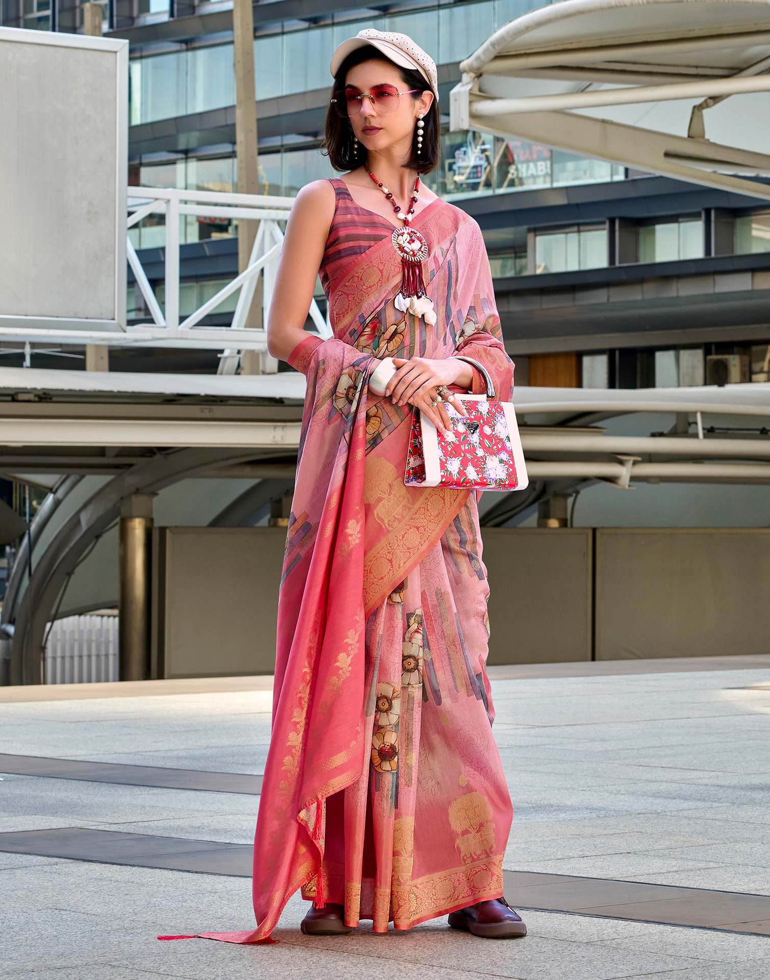 Rose Pink Silk Printed Woven Saree - Image 4