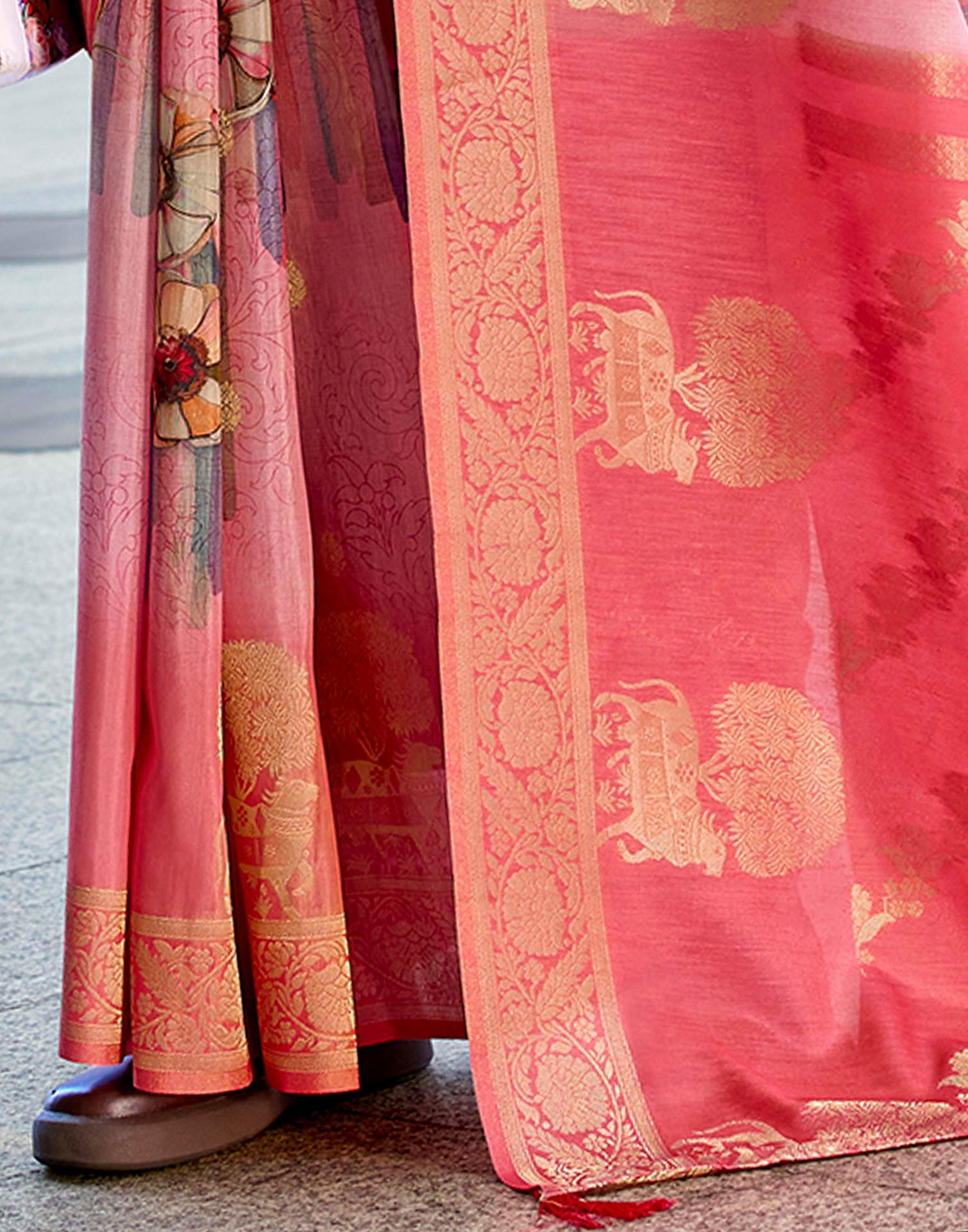 Rose Pink Silk Printed Woven Saree - Image 5