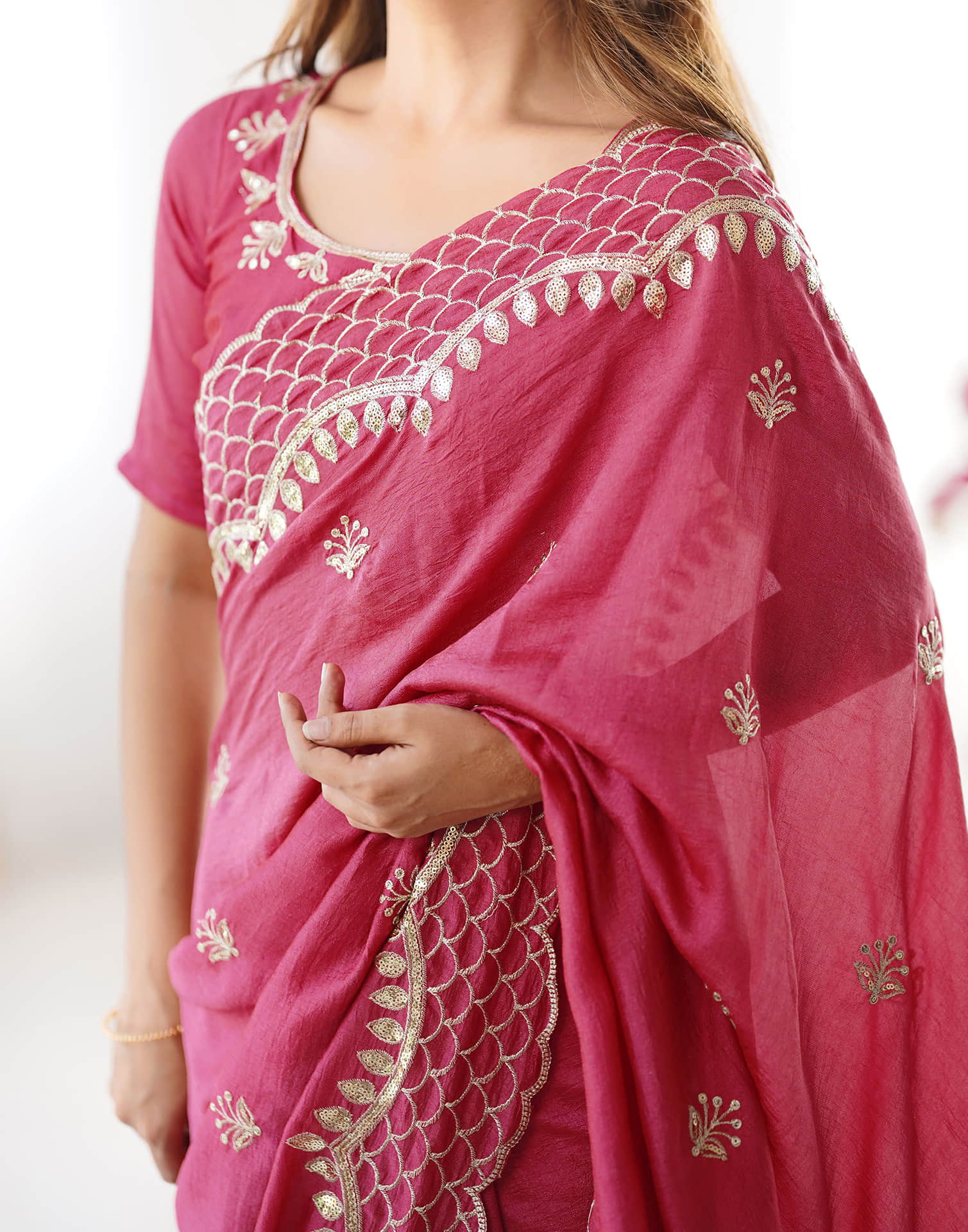 Rose Pink Silk Sequence Embroidery Saree - Image 4