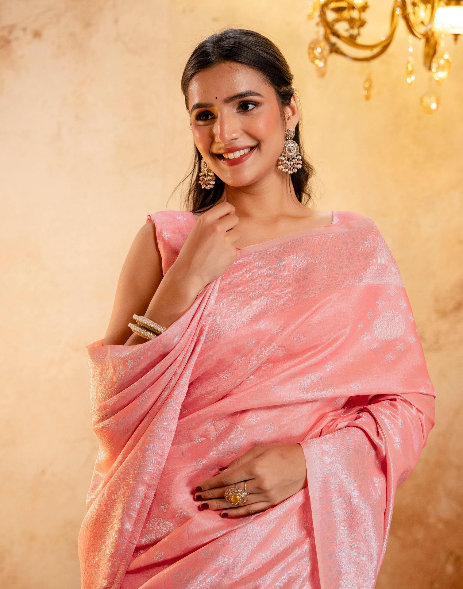 Rose Pink Silk Woven Banarasi Saree - Image 2