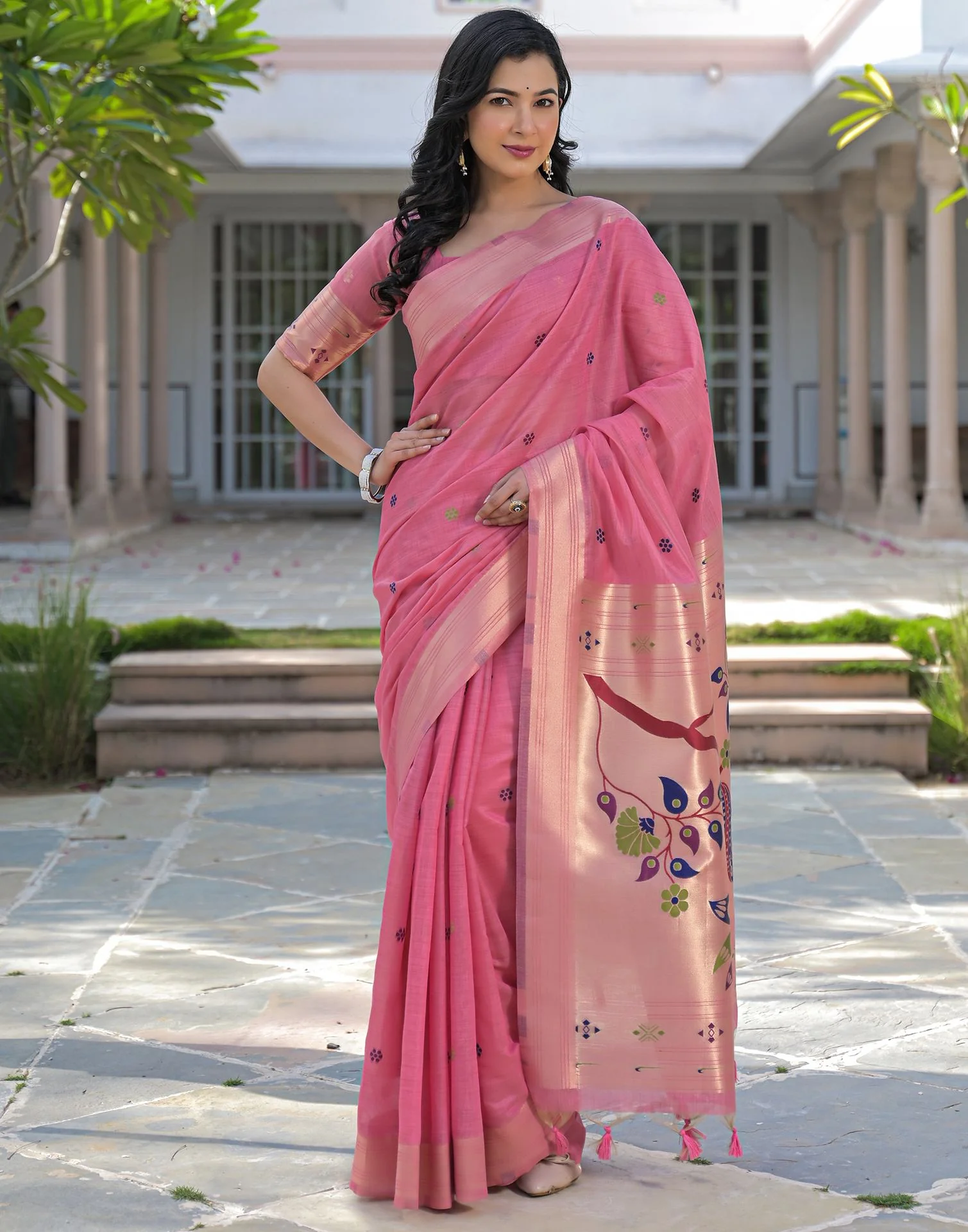 Rose Pink Cotton Woven Paithani Saree