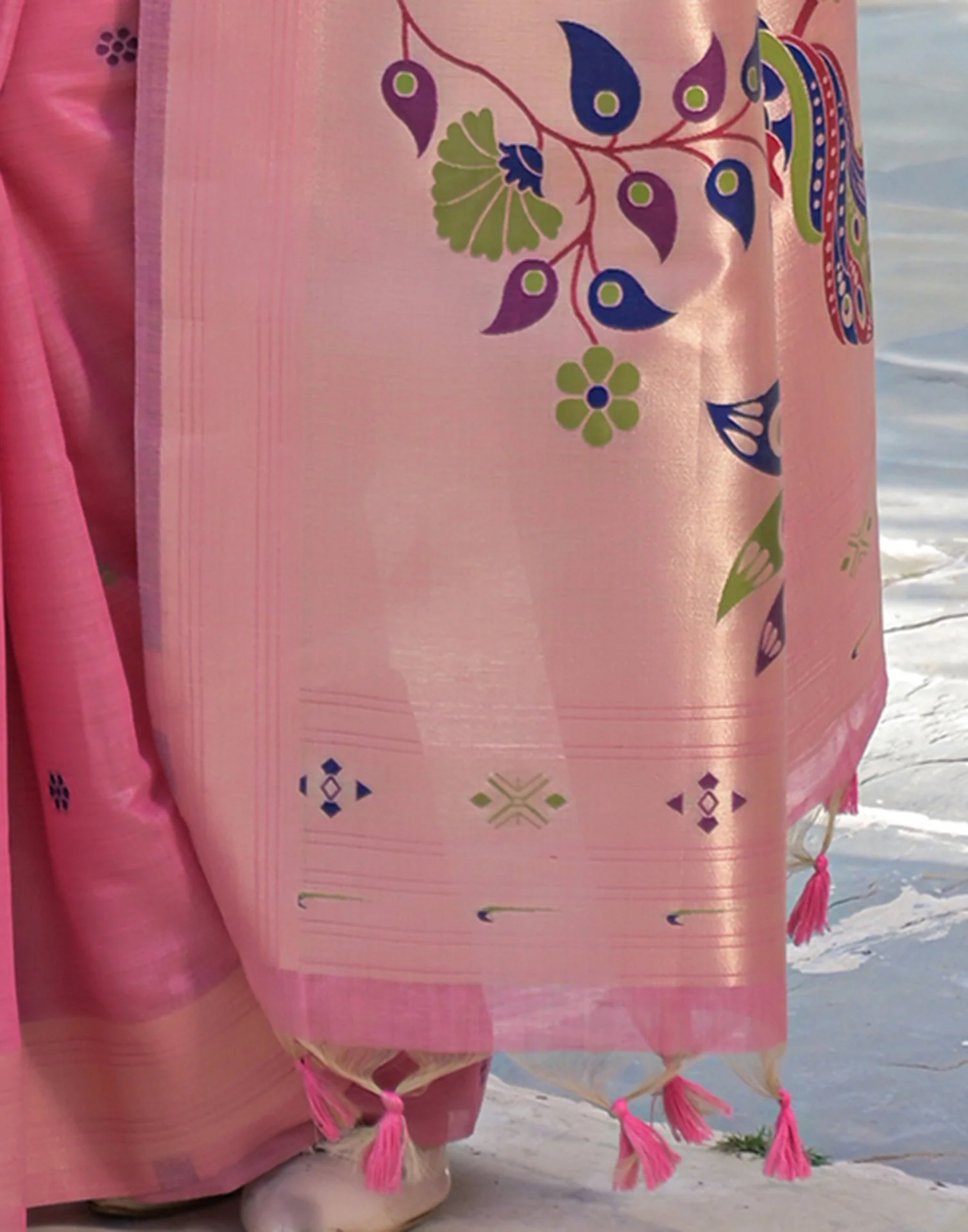 Rose Pink Cotton Woven Paithani Saree - Image 10