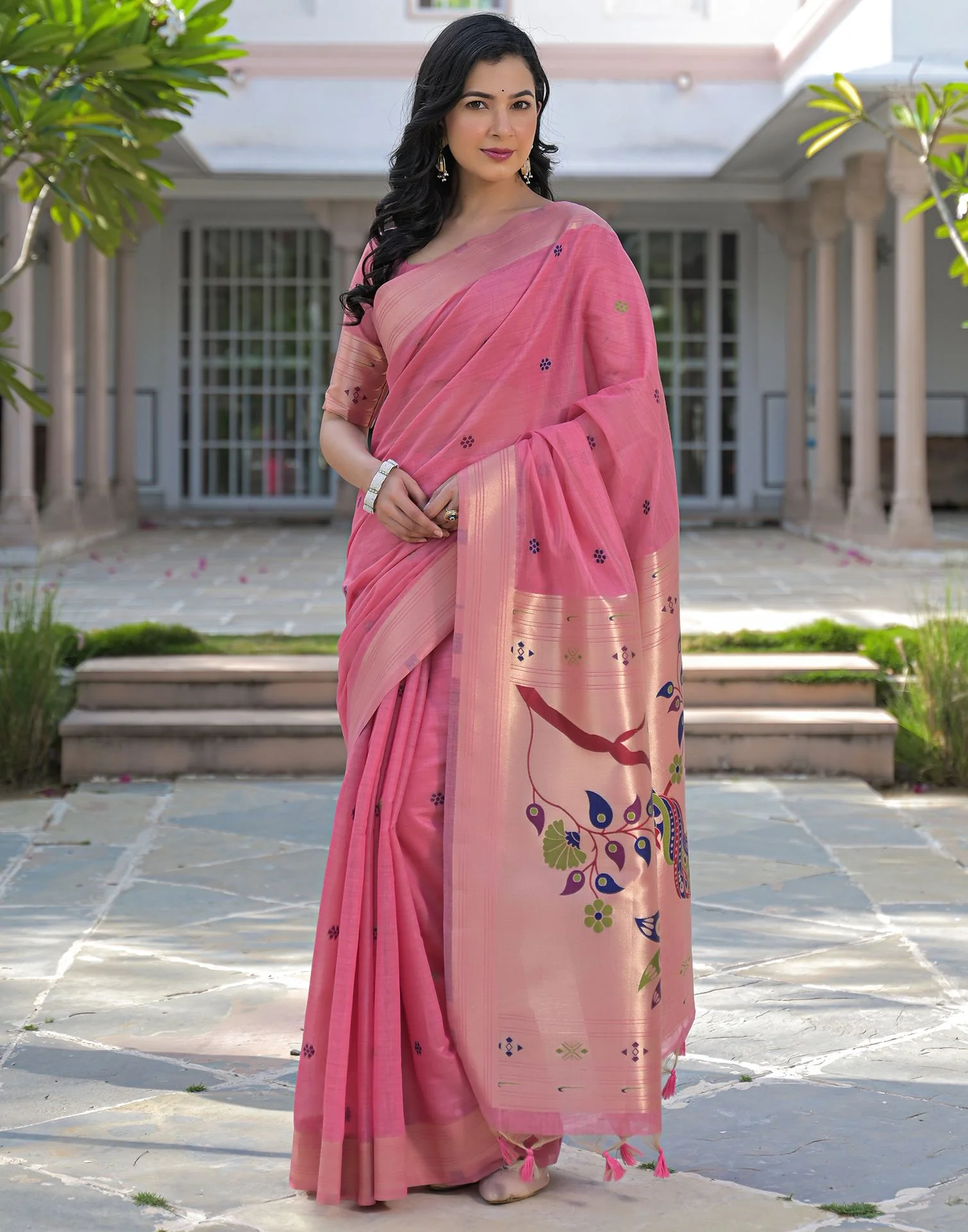 Rose Pink Cotton Woven Paithani Saree - Image 4