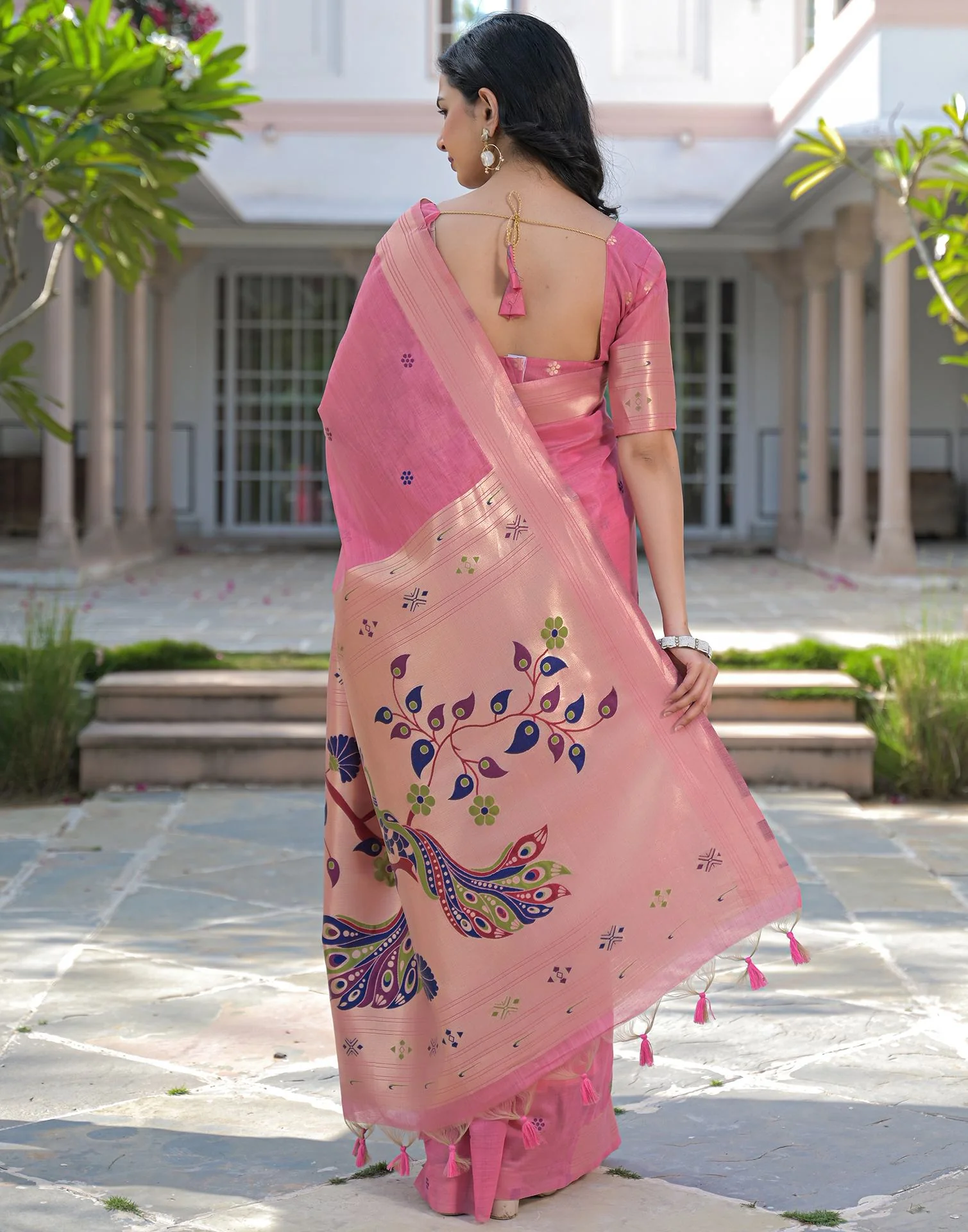 Rose Pink Cotton Woven Paithani Saree - Image 6