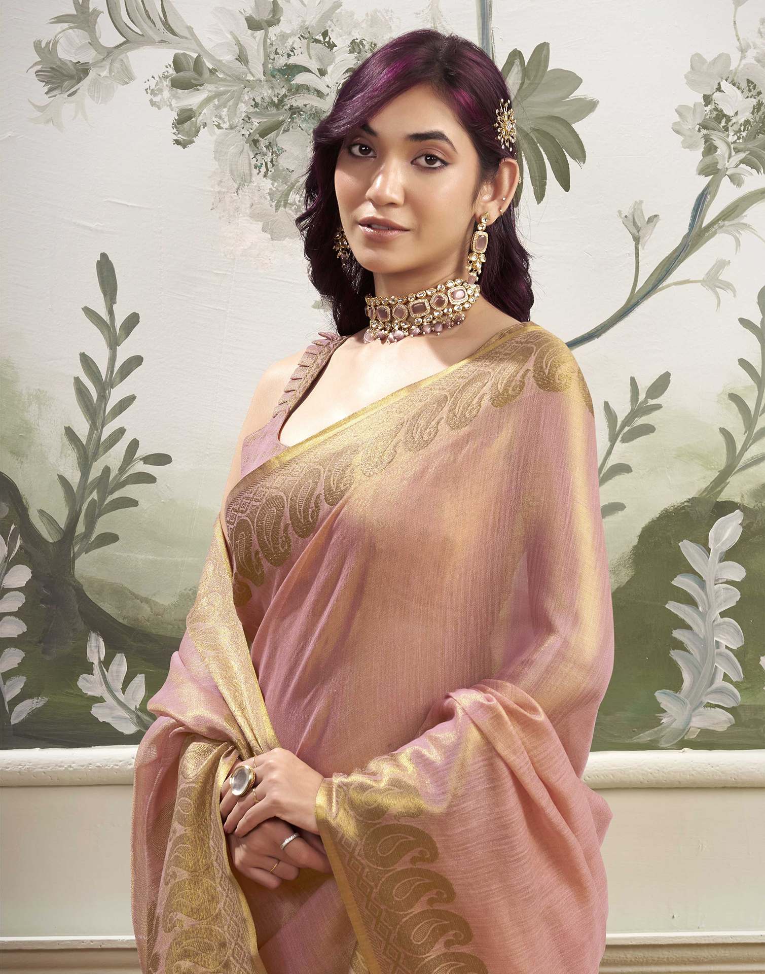 Rose Pink Tissue Silk Woven Kanjivaram Saree - Image 4