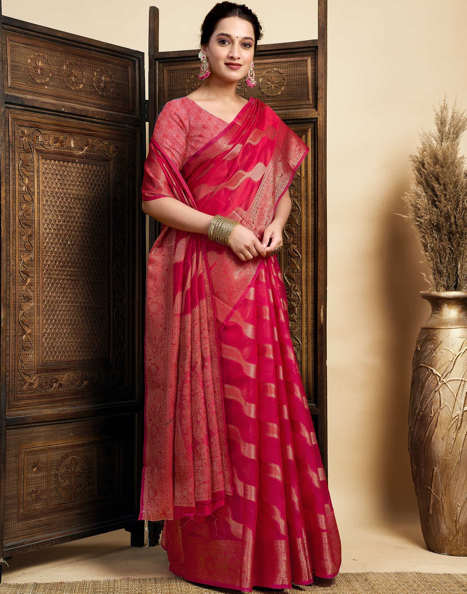 Ruby Red Silk Woven Banarasi Saree - Image 5