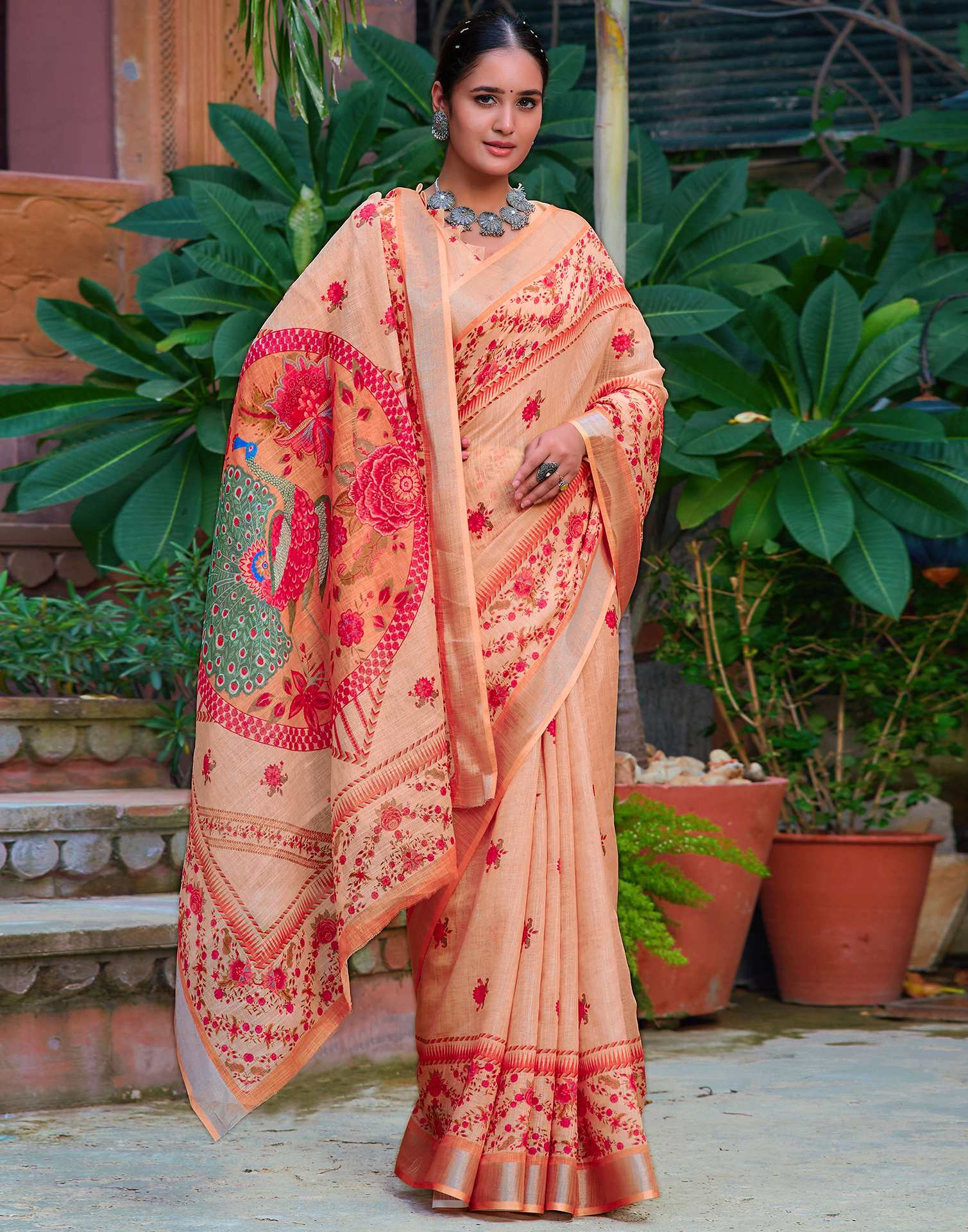 Rust Beige Cotton Linen Printed Saree - Image 4