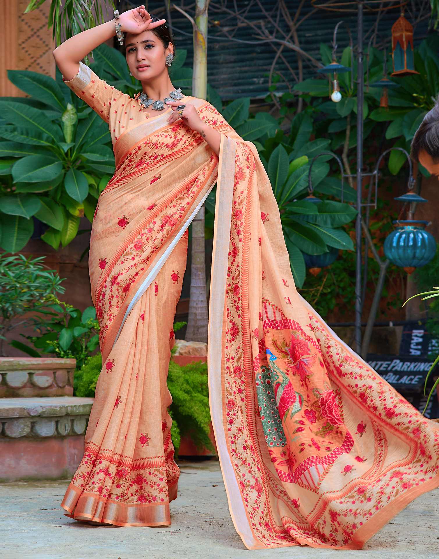 Rust Beige Cotton Linen Printed Saree - Image 6