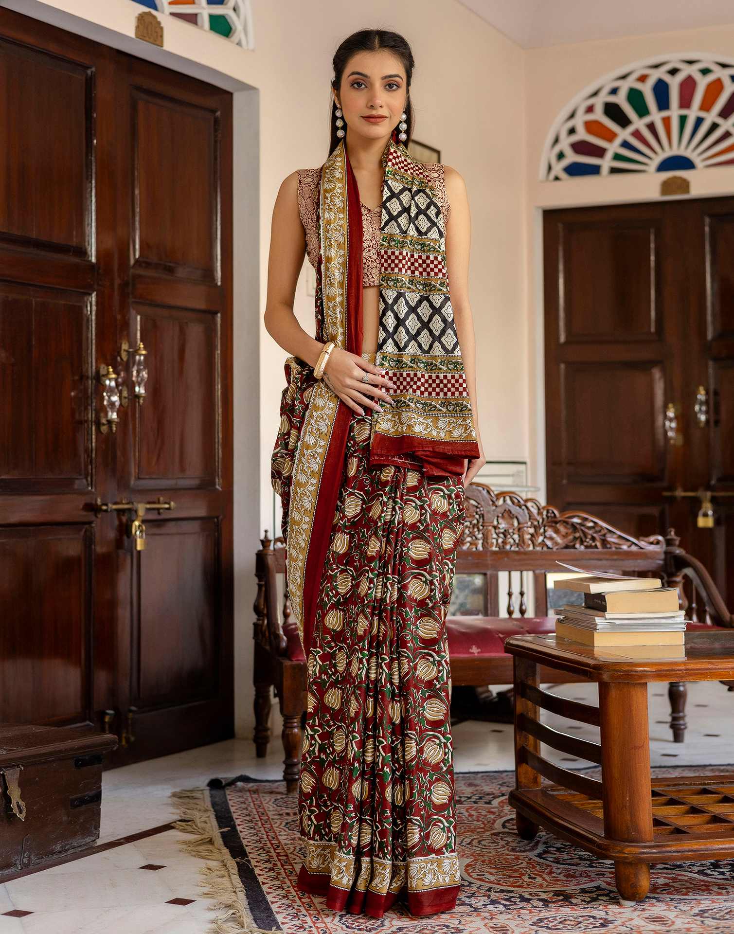 Rust Cotton Printed Saree - Image 8