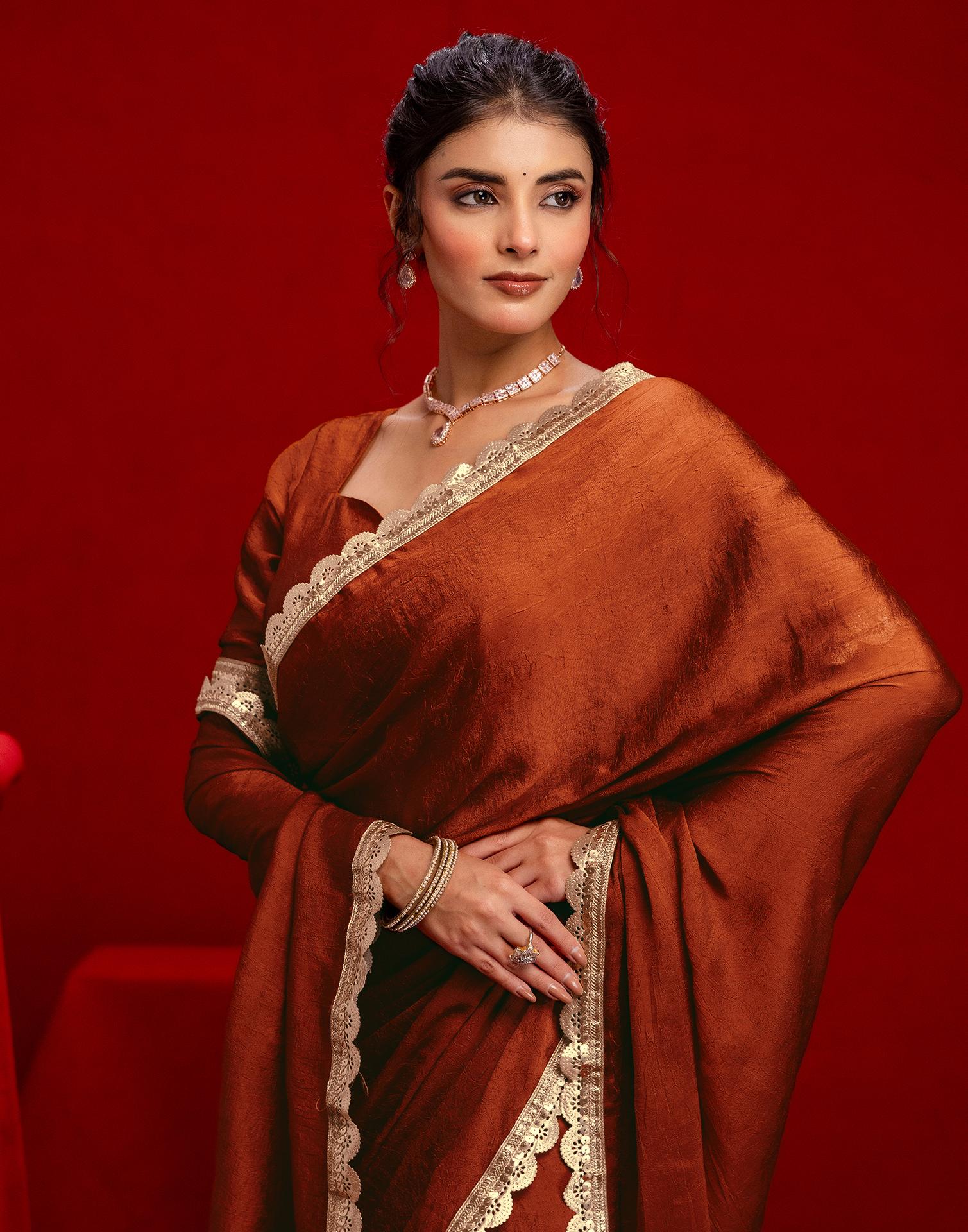 Rust Crush Silk Lace Saree - Image 2