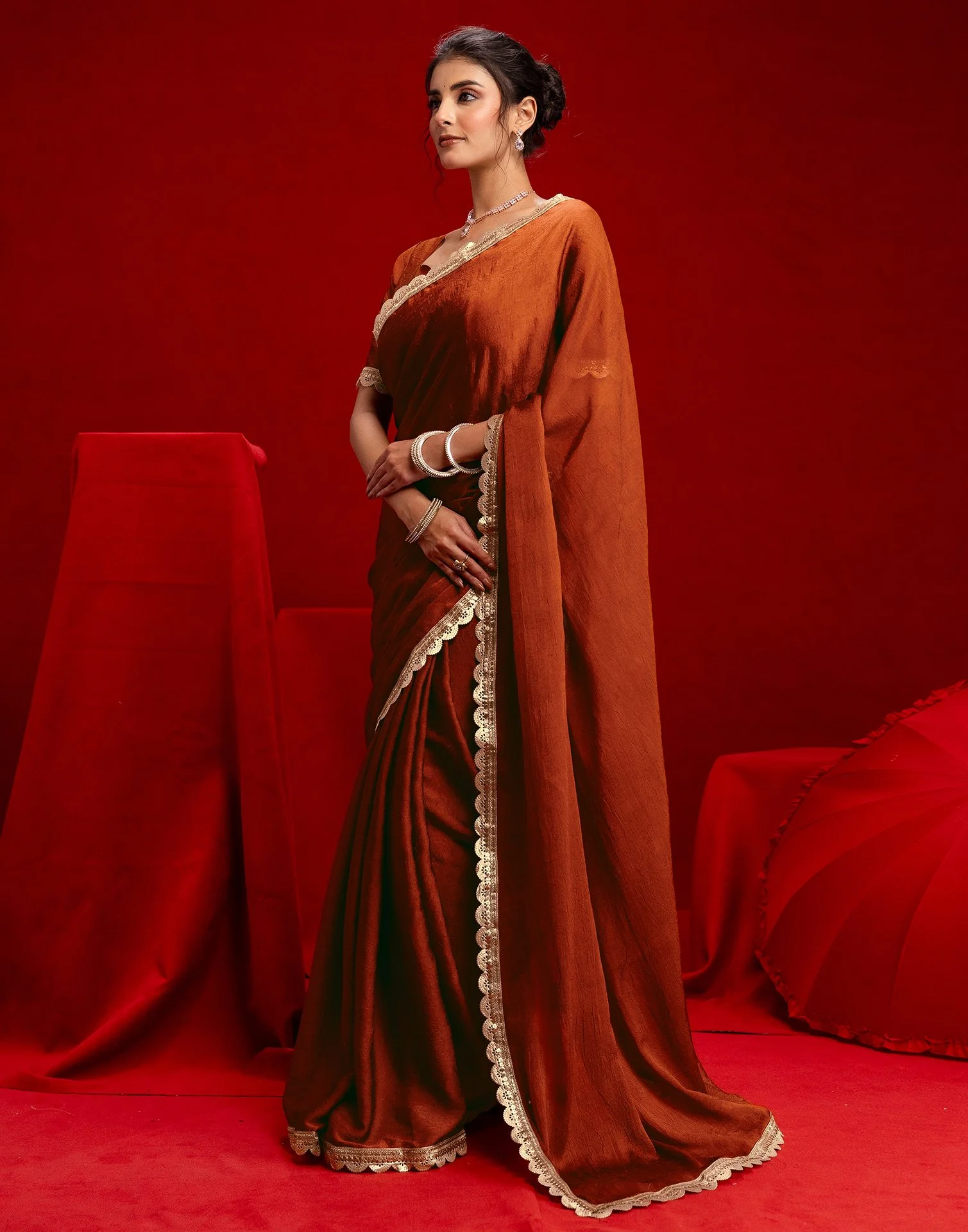 Rust Crush Silk Lace Saree - Image 5