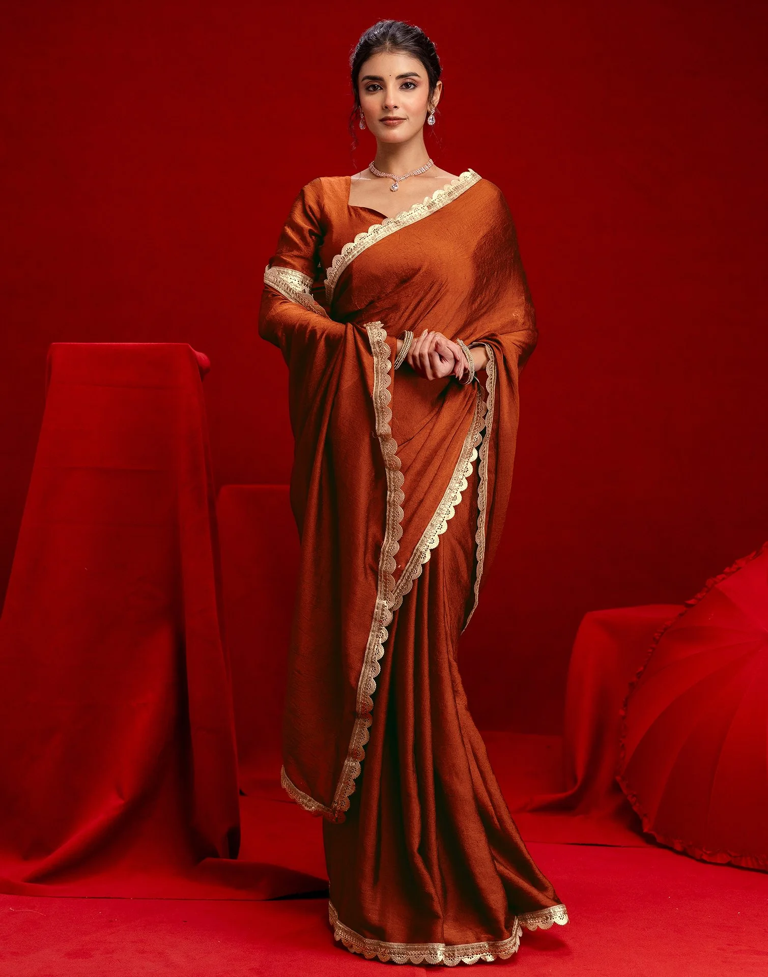 Rust Crush Silk Lace Saree - Image 6