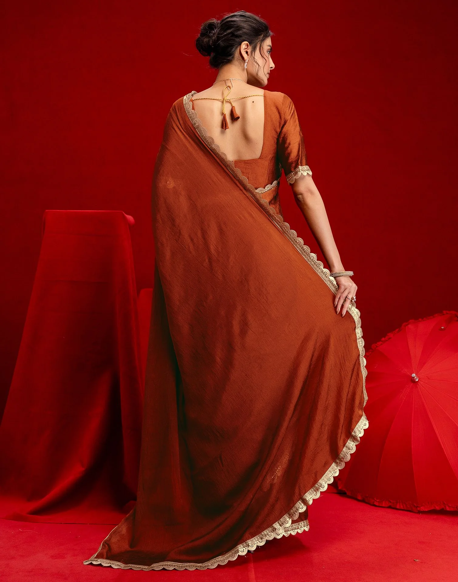 Rust Crush Silk Lace Saree - Image 7