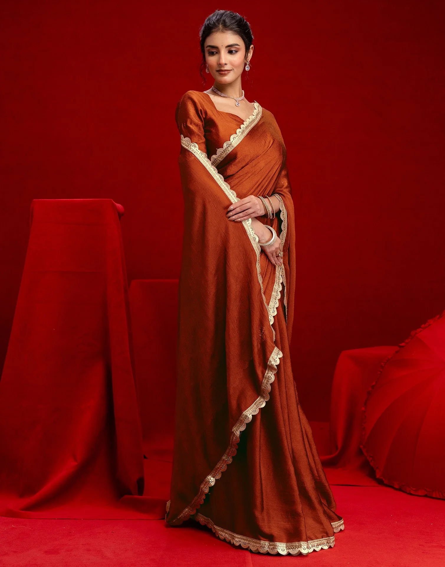 Rust Crush Silk Lace Saree - Image 8