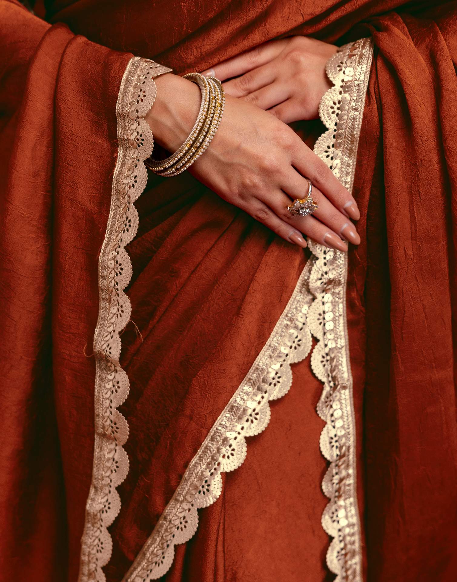 Rust Crush Silk Lace Saree - Image 9