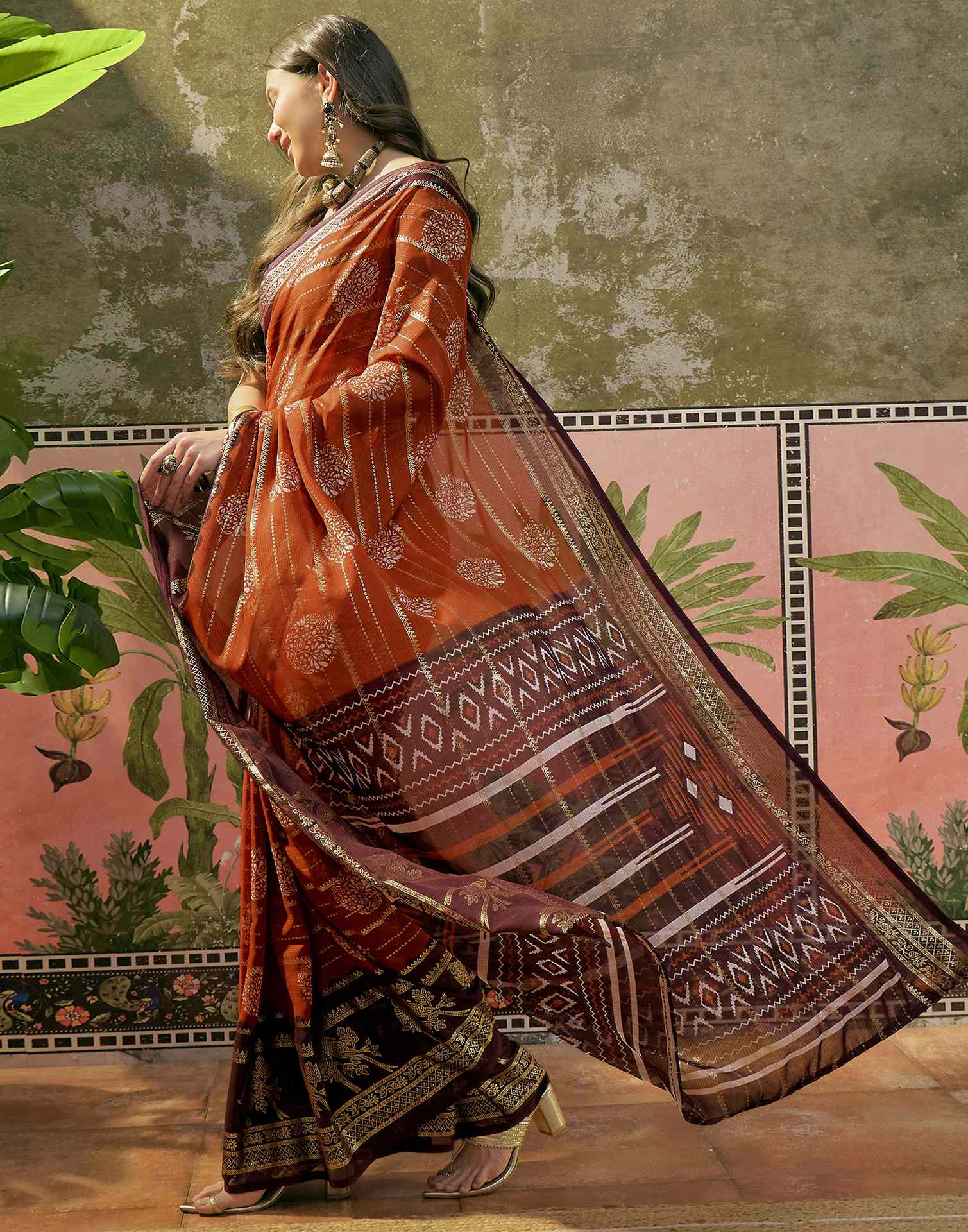 Rust Georgette Foil Printed Saree - Image 5
