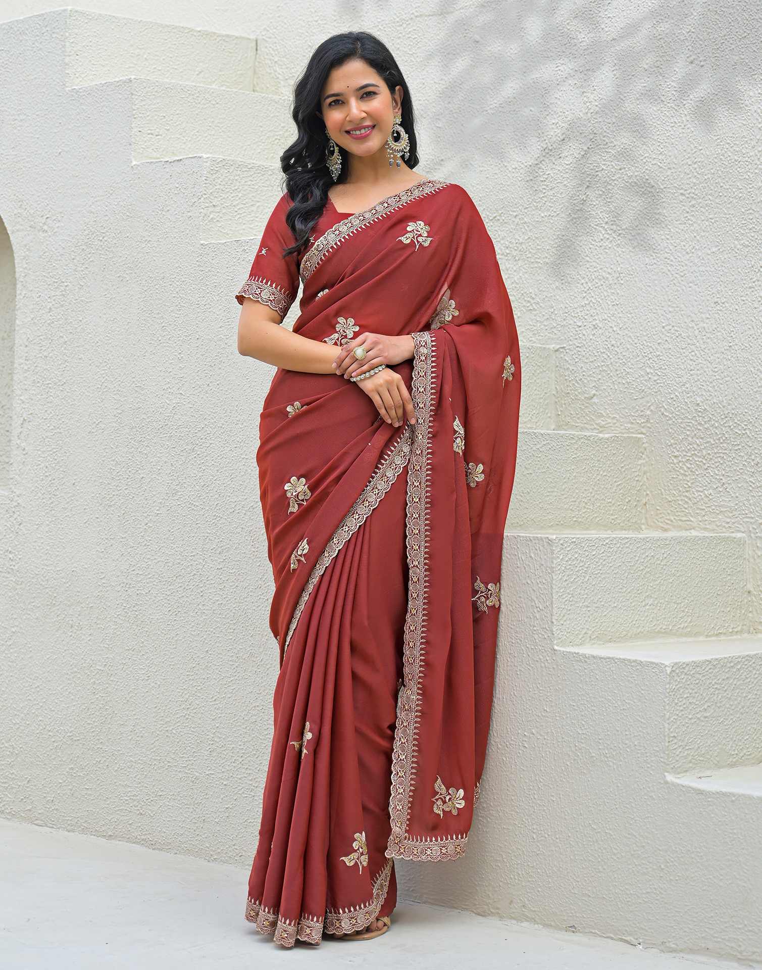 Rust Shimmer Embroidery Saree - Image 2