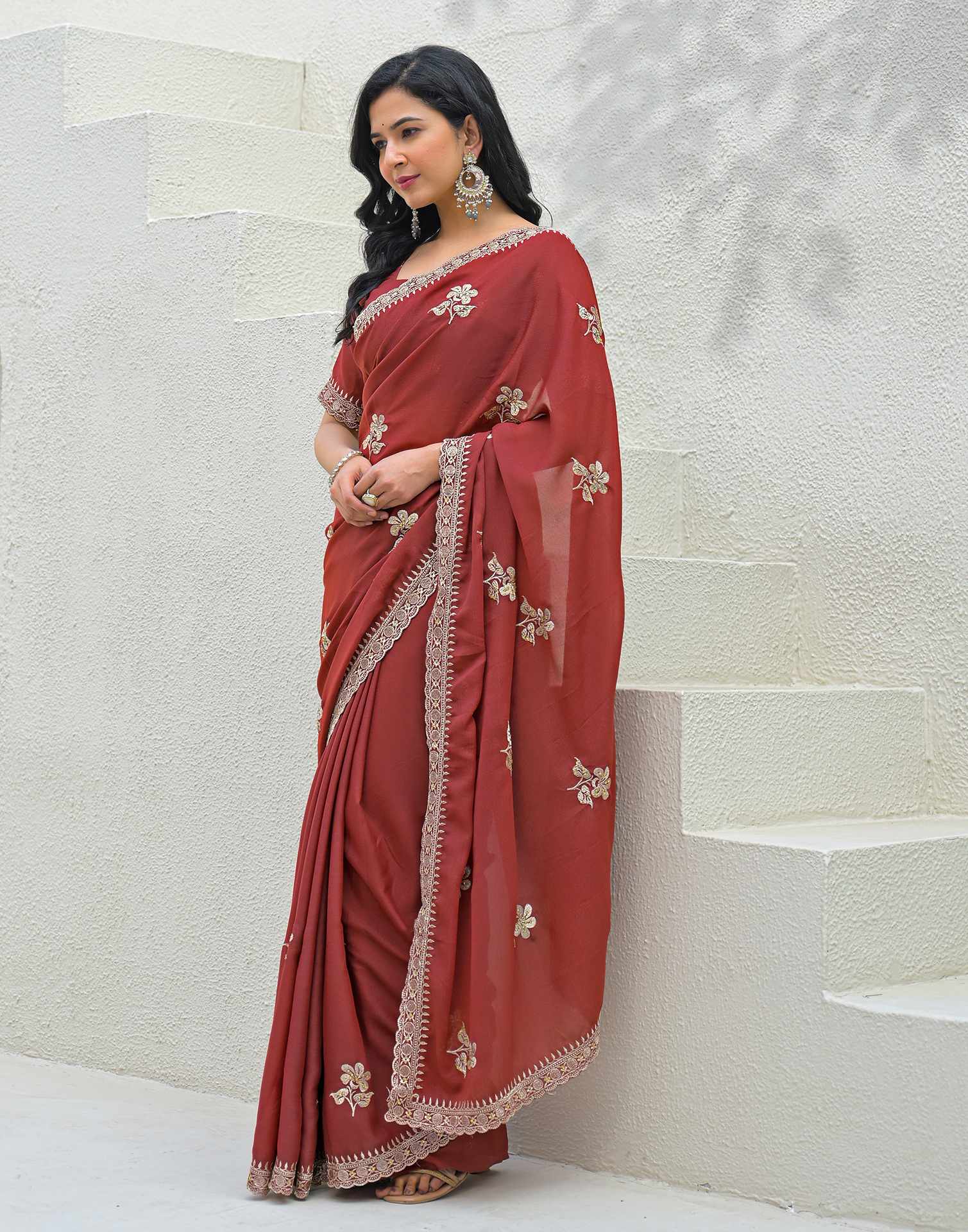Rust Shimmer Embroidery Saree - Image 4