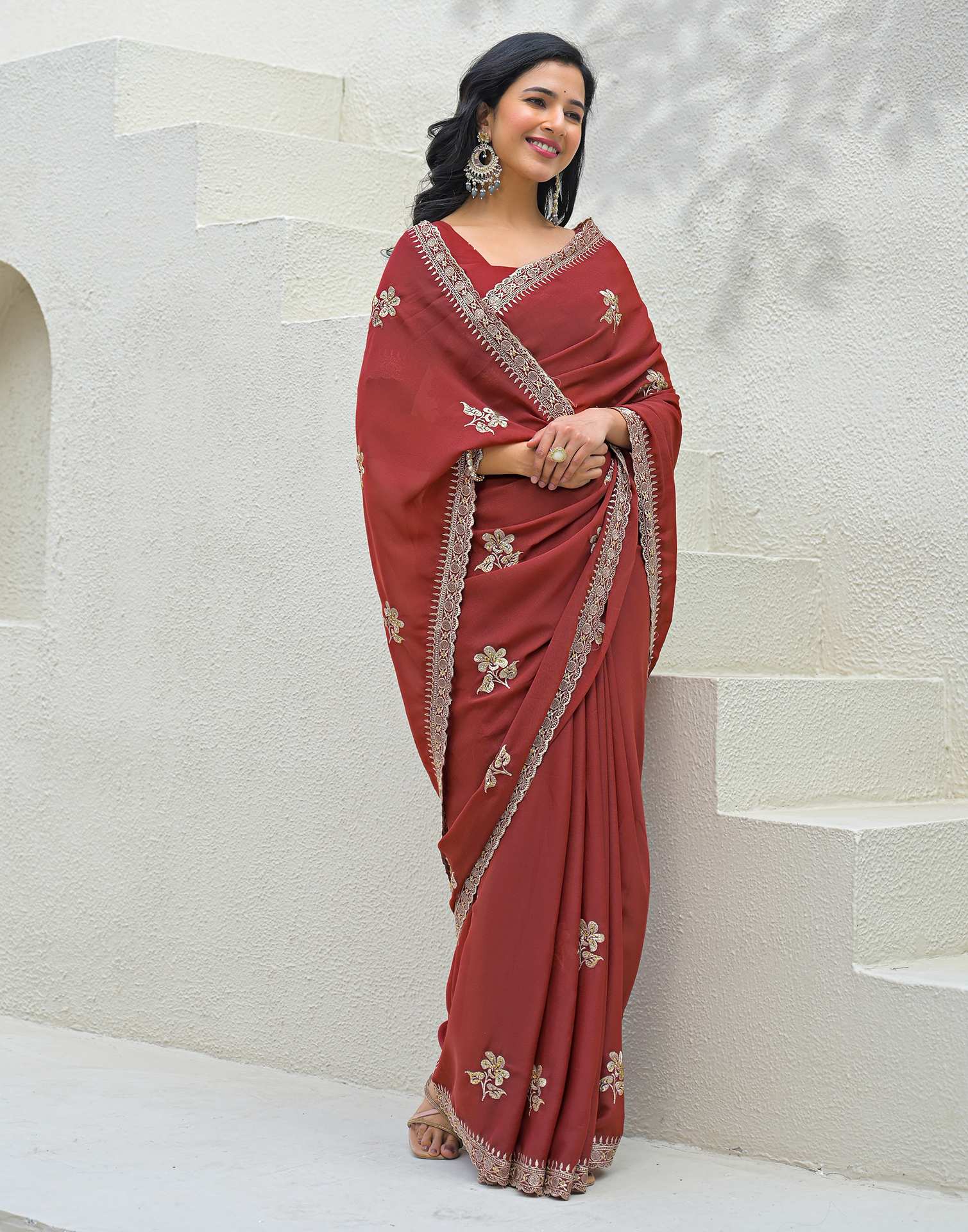 Rust Shimmer Embroidery Saree - Image 5