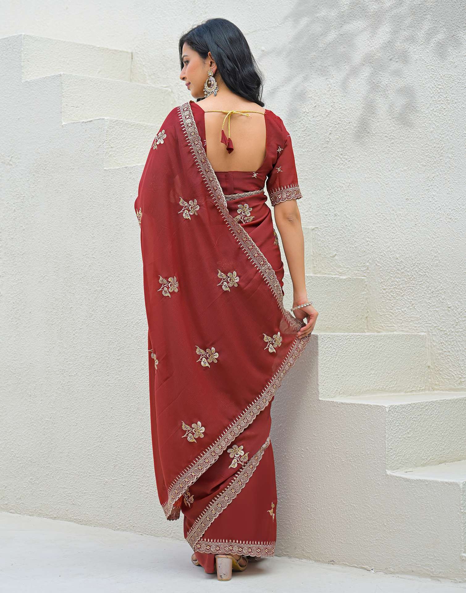 Rust Shimmer Embroidery Saree - Image 6