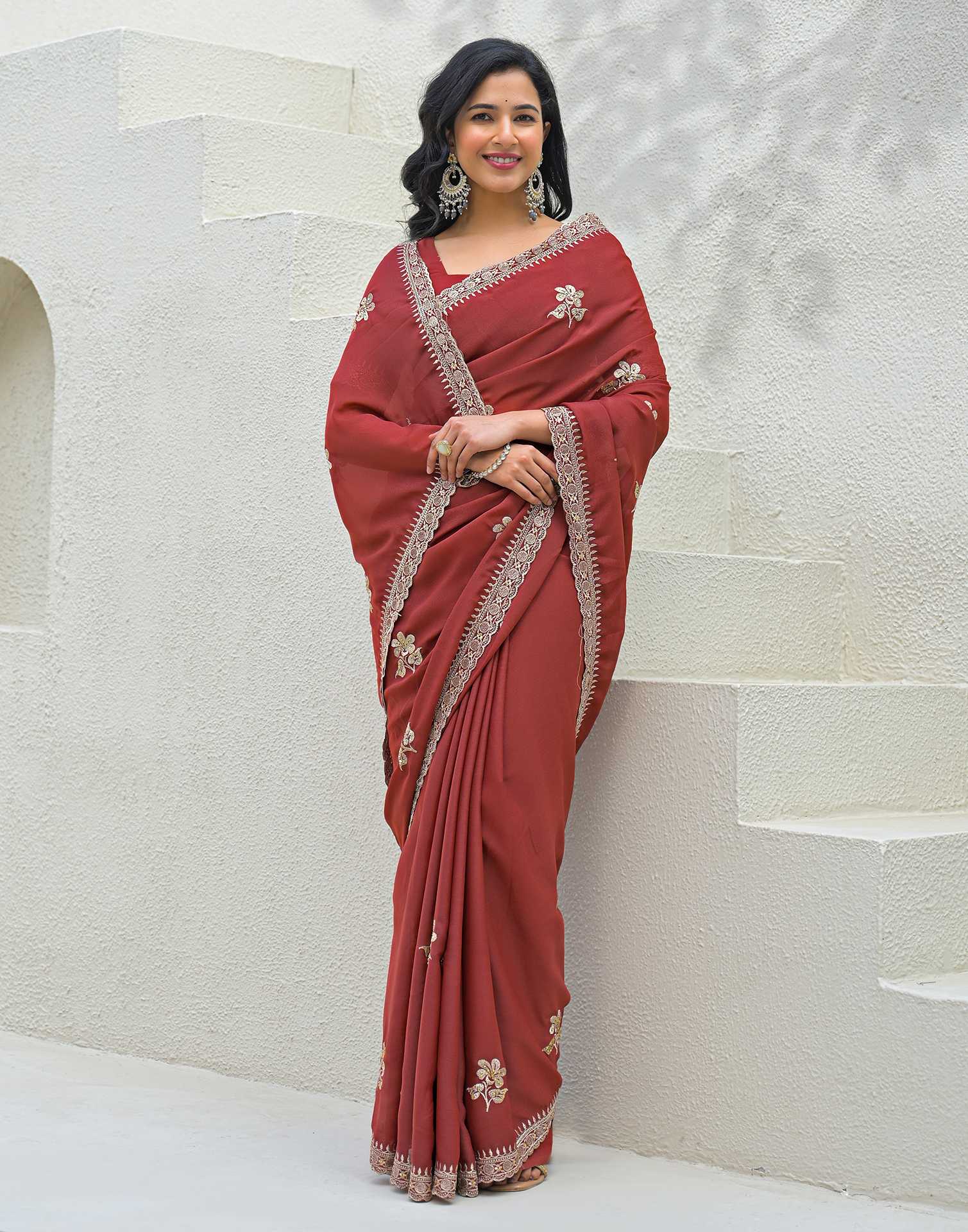 Rust Shimmer Embroidery Saree - Image 7