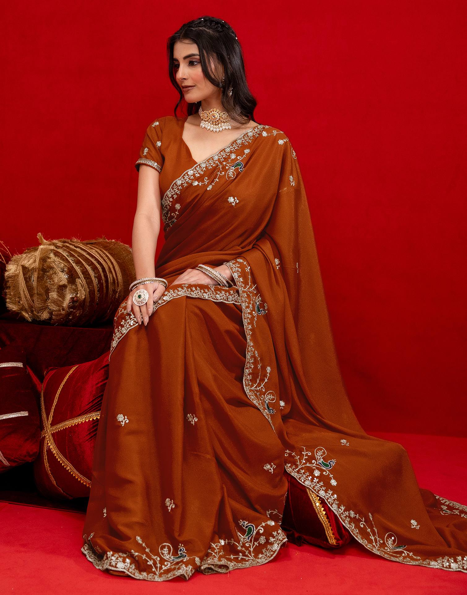 Rust Shimmer Sequence Embroidery Saree - Image 7