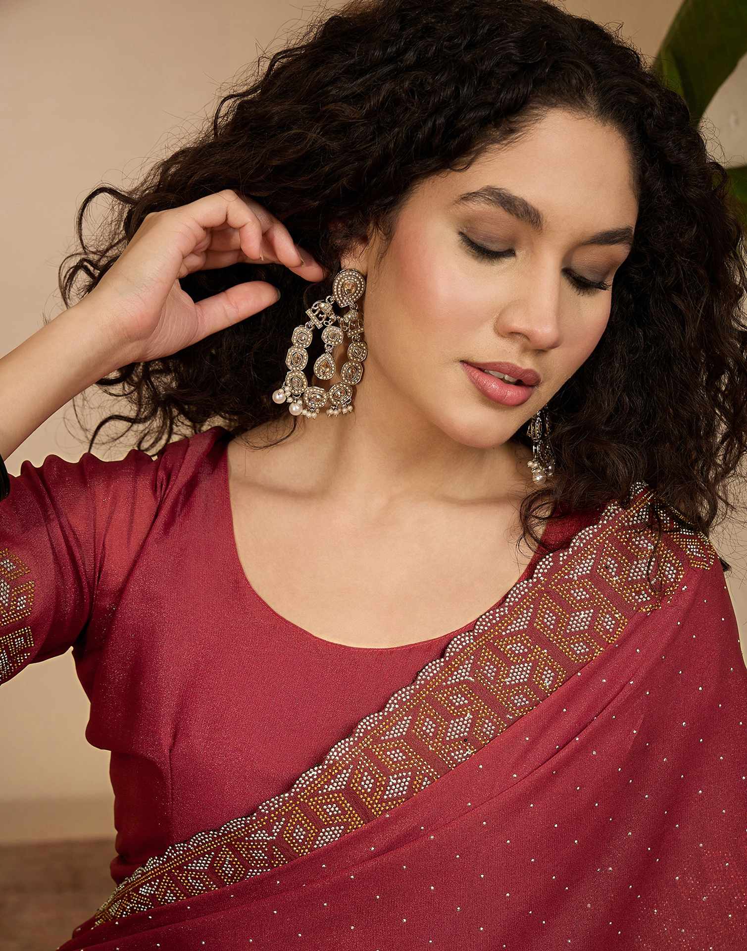 Rust Shimmer Stone Work Swarovski Saree - Image 2